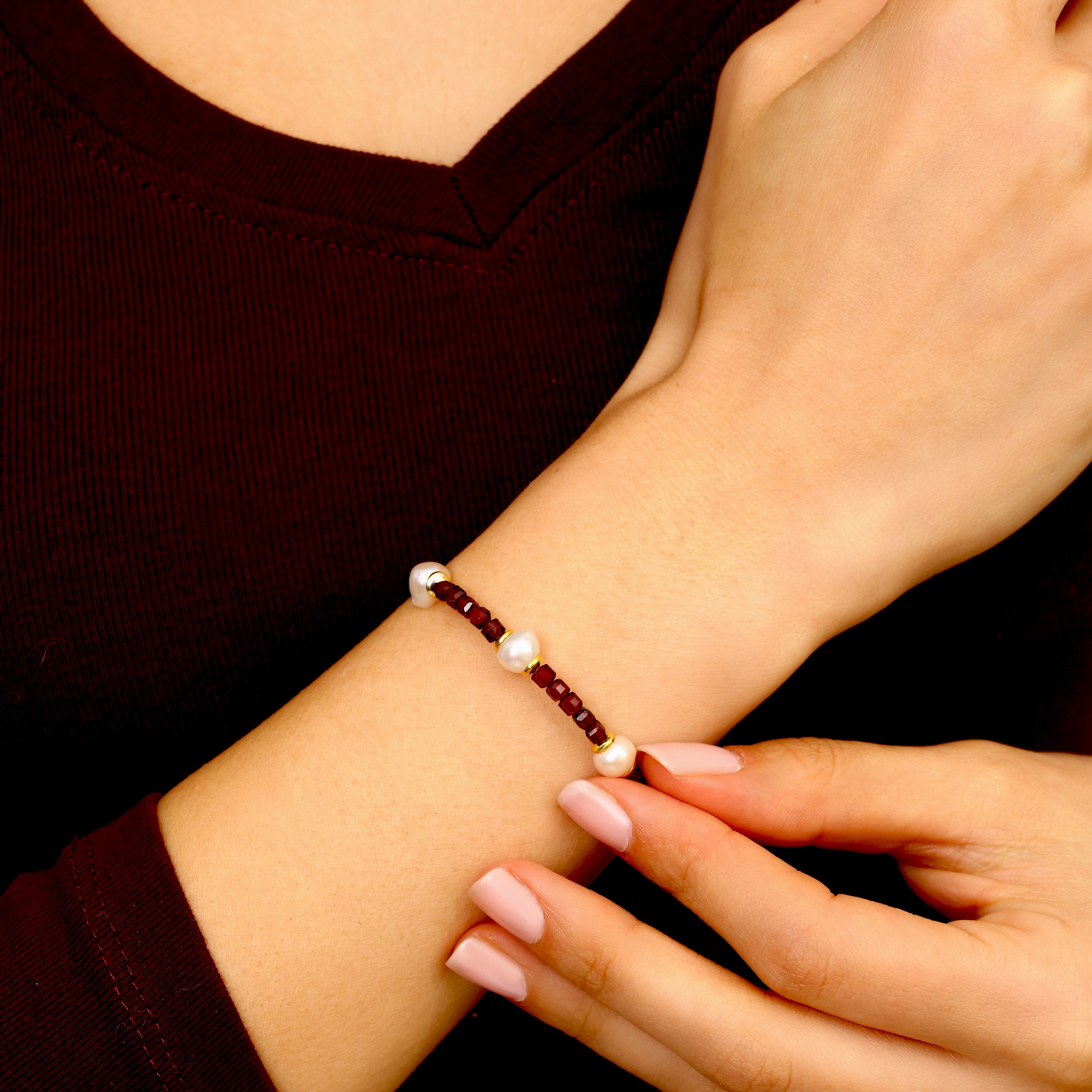 18K Gold Vermeil Garnet & İnci Bileklik - 925 Ayar Gümüş El İşçiliği