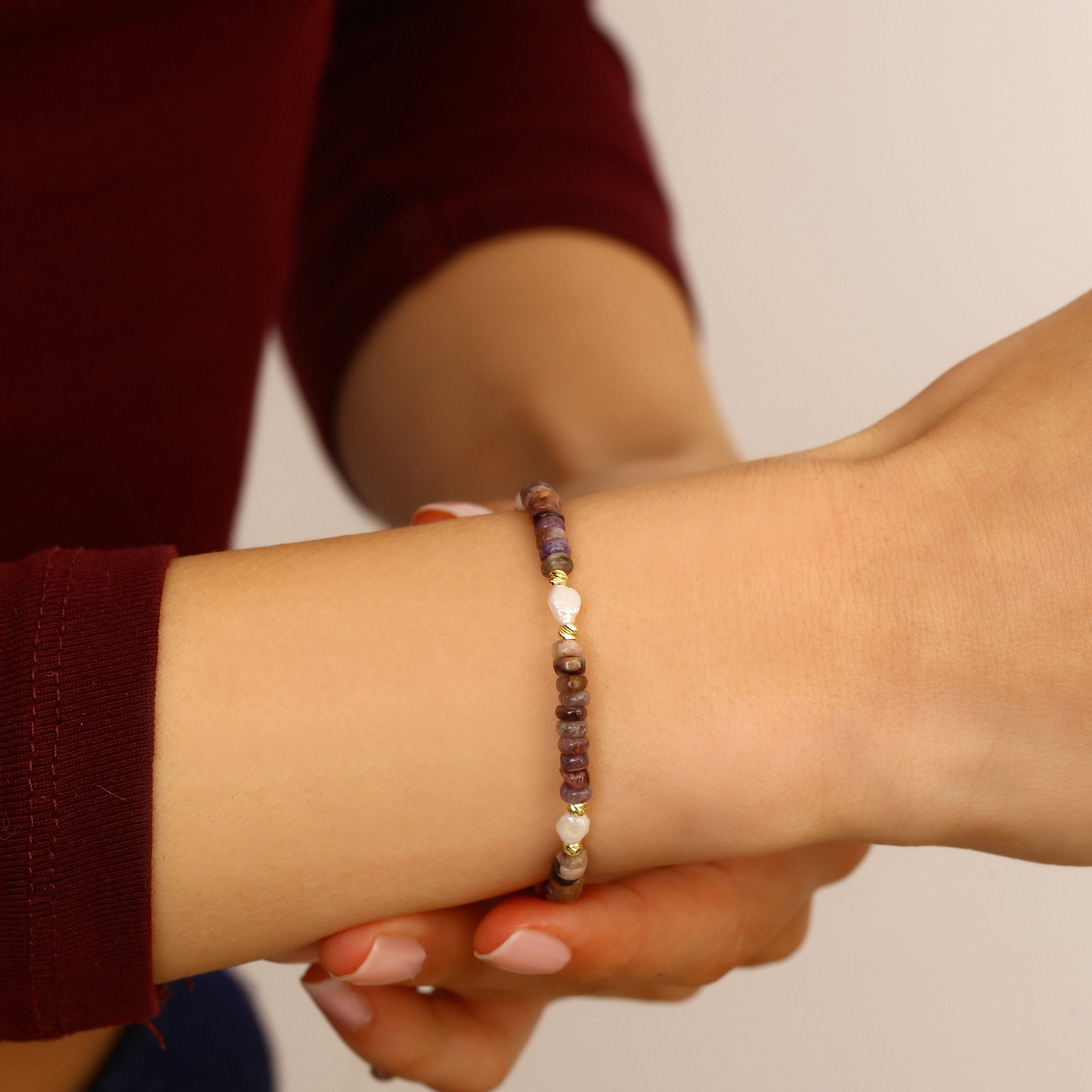 18K Gold Vermeil Safir & Turmalin & İnci Bileklik - 925 Ayar Gümüş El İşçiliği