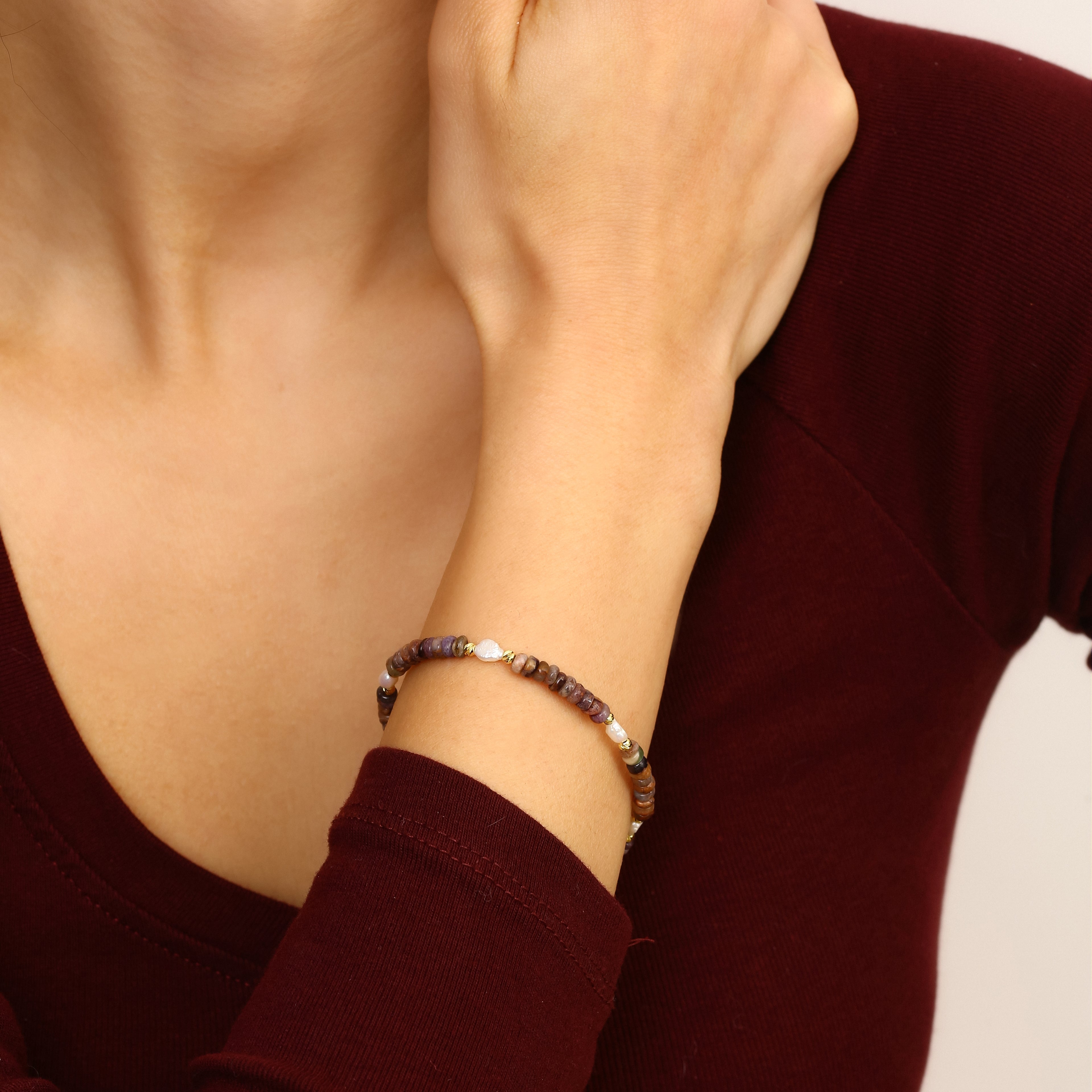 18K Gold Vermeil Safir & Turmalin & İnci Bileklik - 925 Ayar Gümüş El İşçiliği