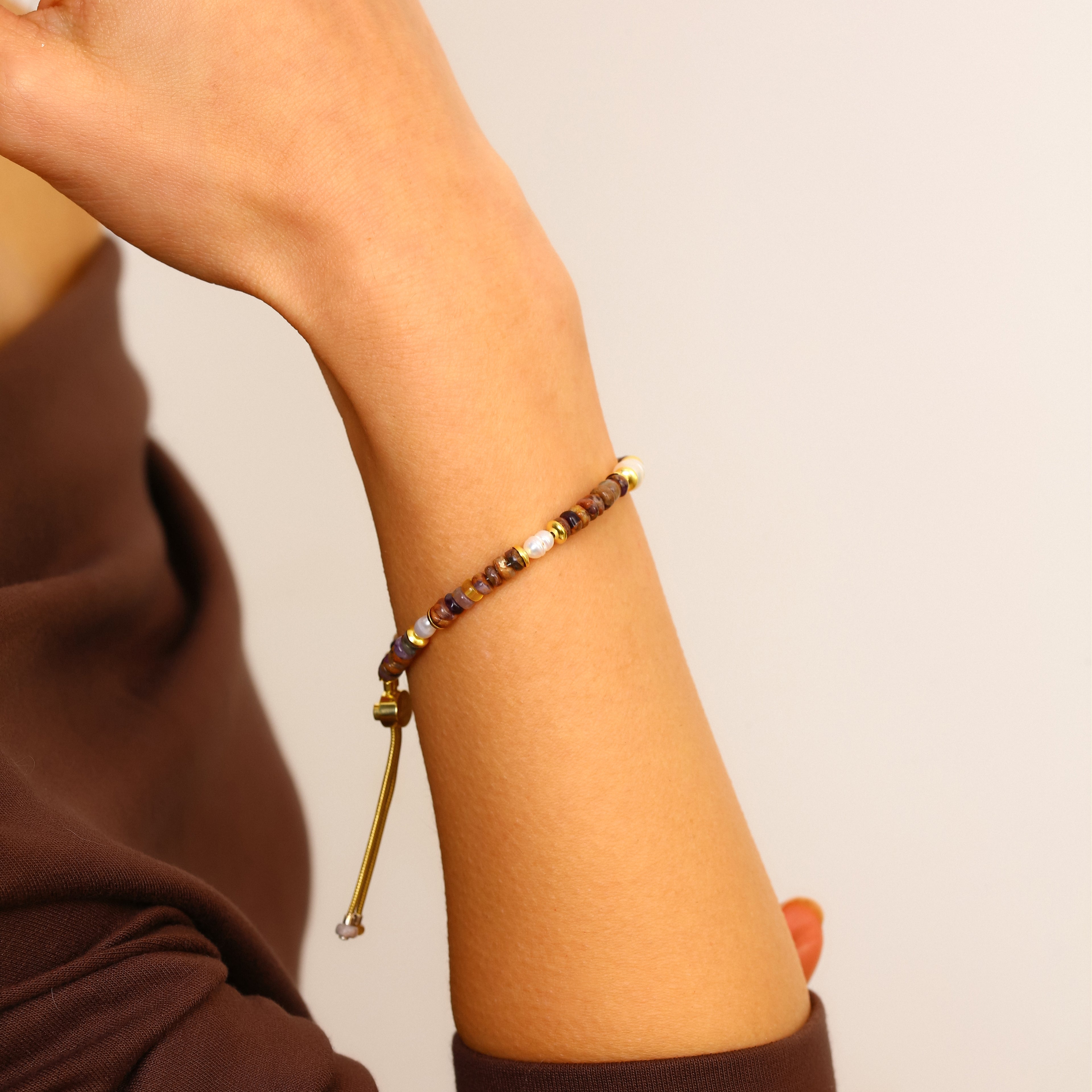 Akik ve Jasper Detaylı Ayarlanabilir Gümüş Bileklik - 18K Gold Vermeil Sürgülü Tasarım