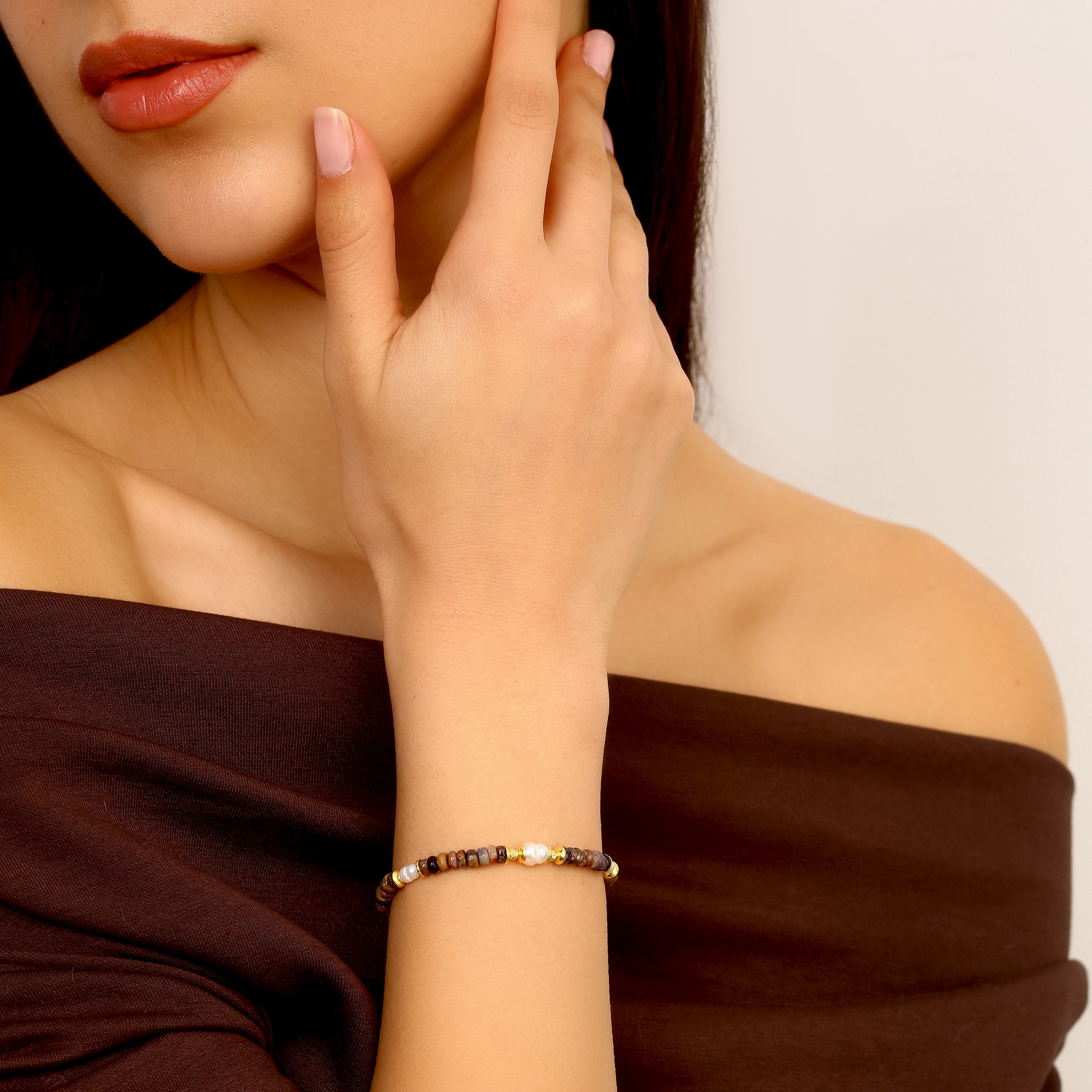 Akik ve Jasper Detaylı Ayarlanabilir Gümüş Bileklik - 18K Gold Vermeil Sürgülü Tasarım