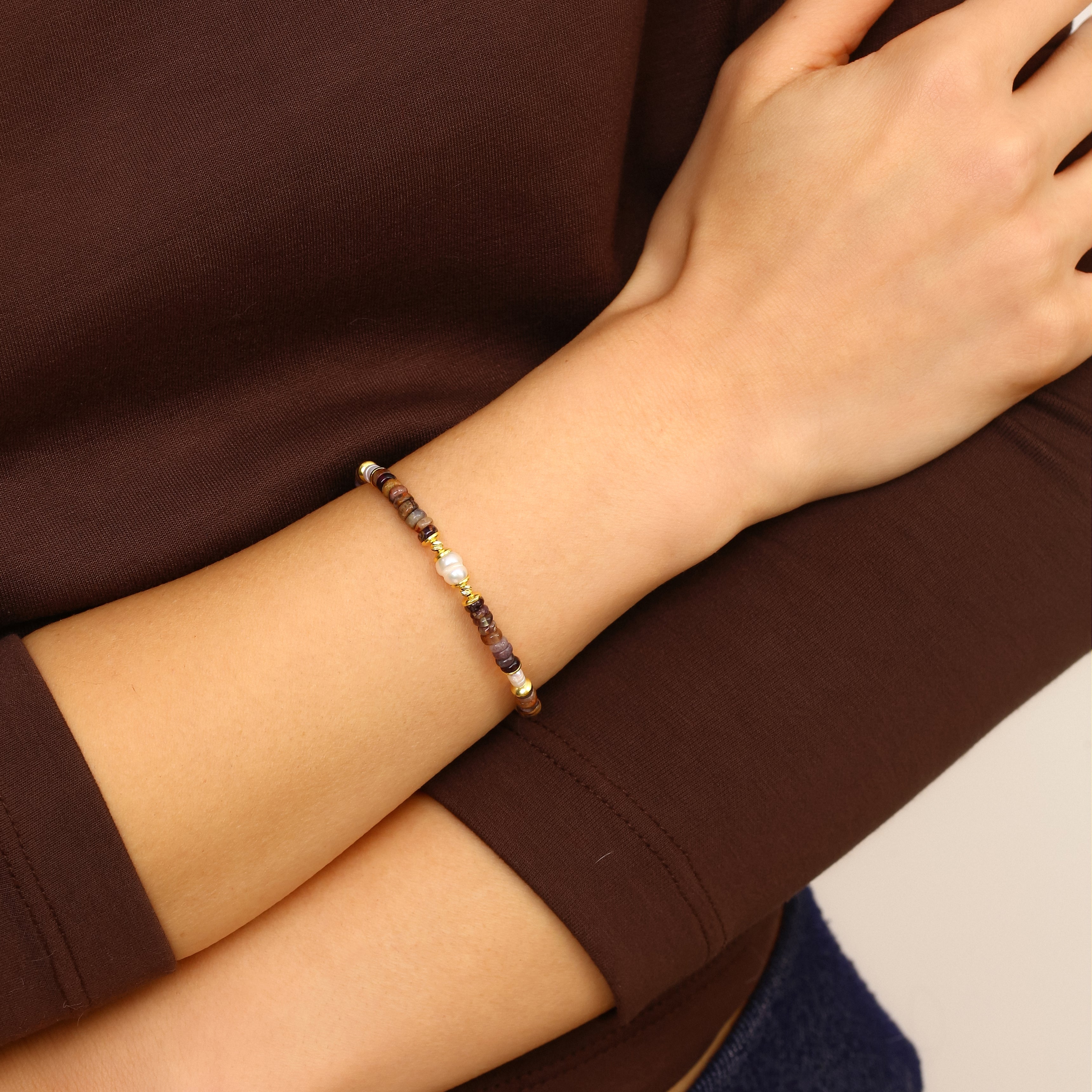 Akik ve Jasper Detaylı Ayarlanabilir Gümüş Bileklik - 18K Gold Vermeil Sürgülü Tasarım