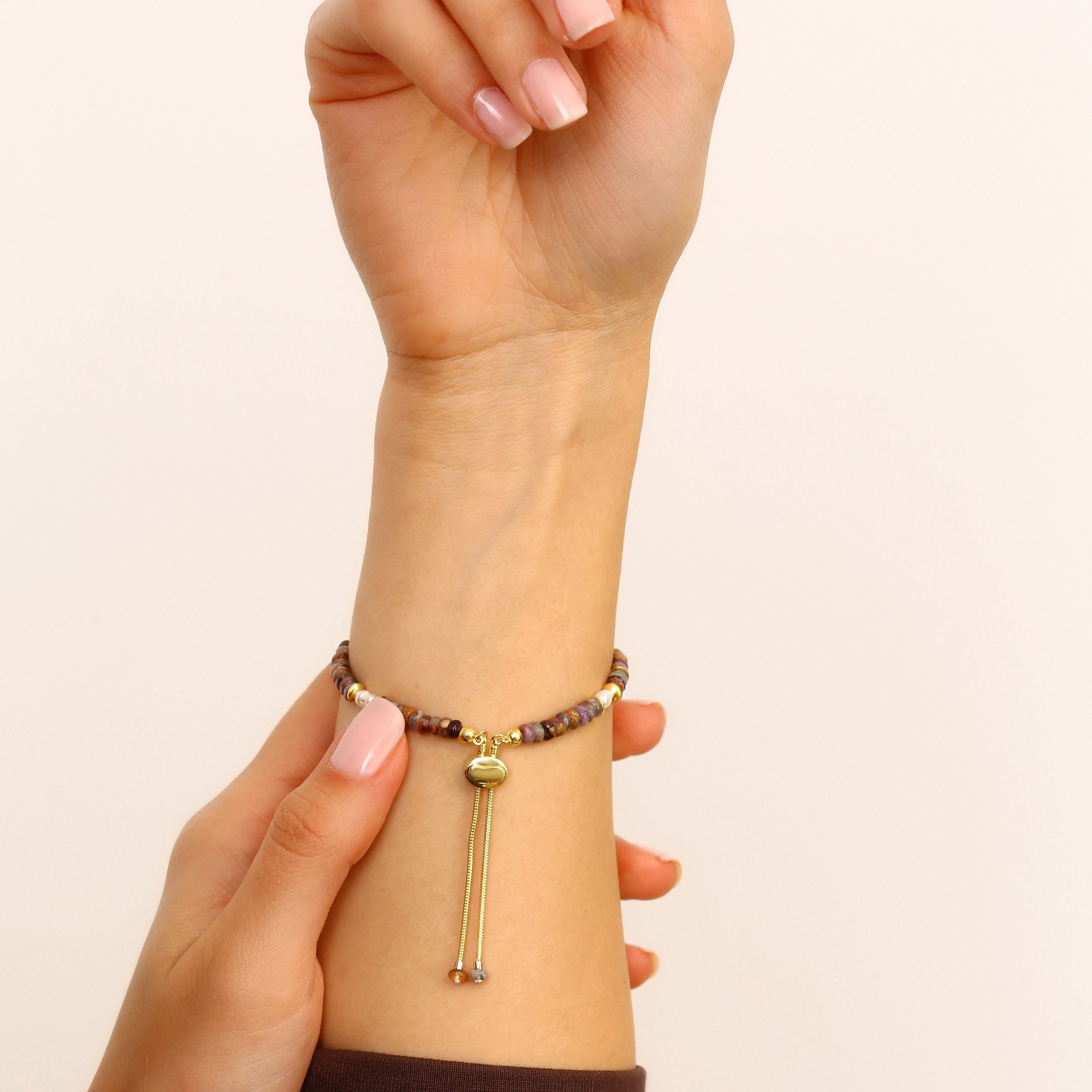 Akik ve Jasper Detaylı Ayarlanabilir Gümüş Bileklik - 18K Gold Vermeil Sürgülü Tasarım