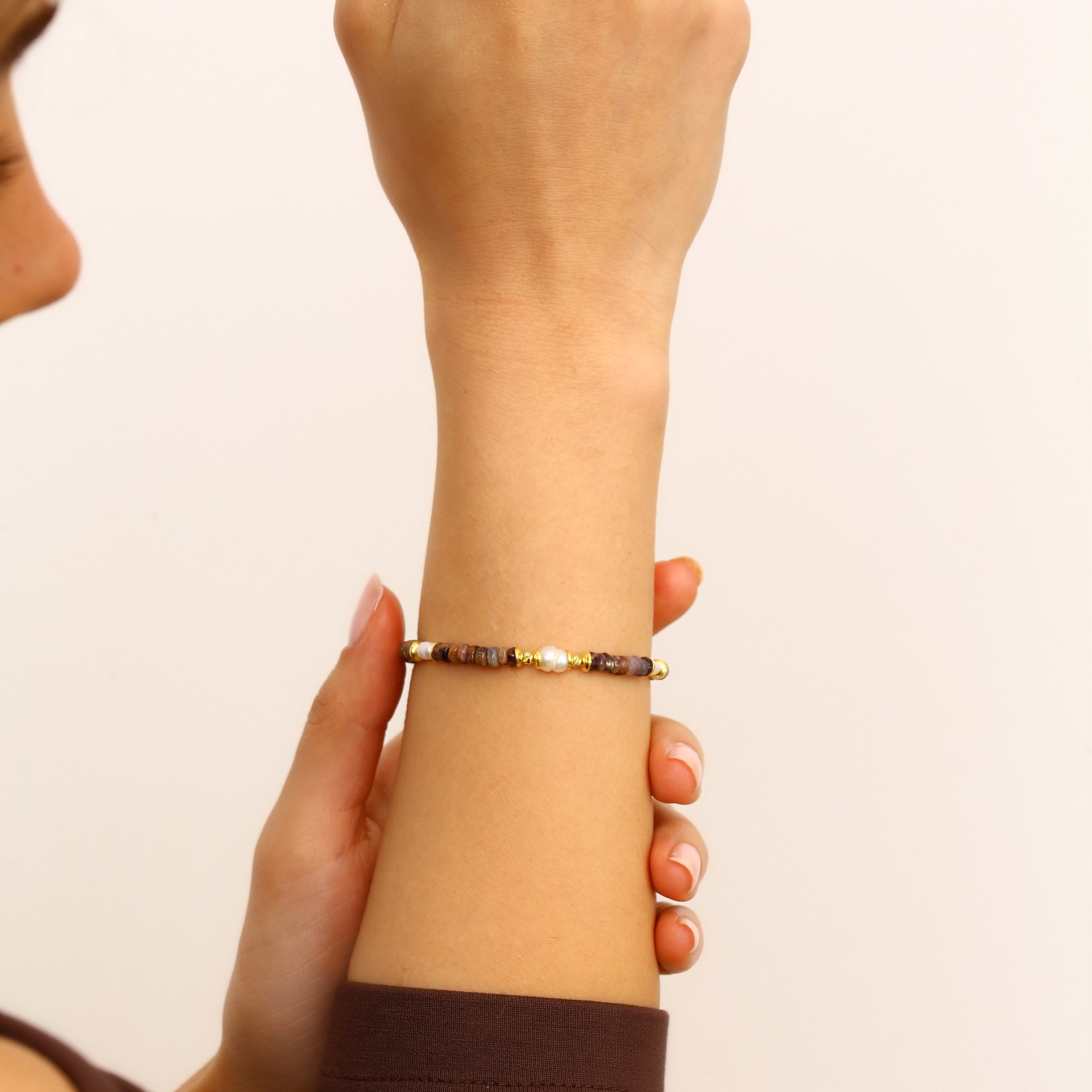 Akik ve Jasper Detaylı Ayarlanabilir Gümüş Bileklik - 18K Gold Vermeil Sürgülü Tasarım