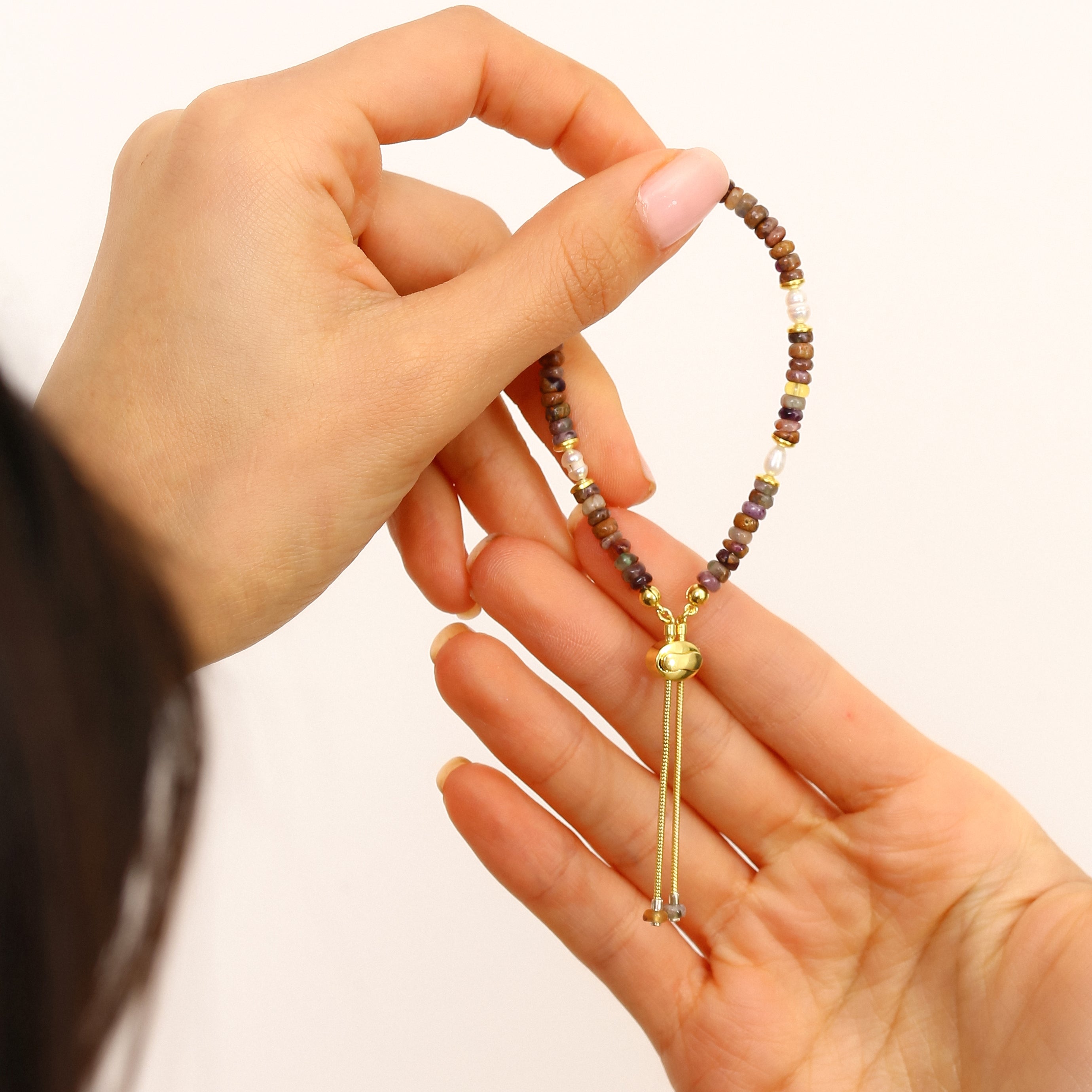 Akik ve Jasper Detaylı Ayarlanabilir Gümüş Bileklik - 18K Gold Vermeil Sürgülü Tasarım