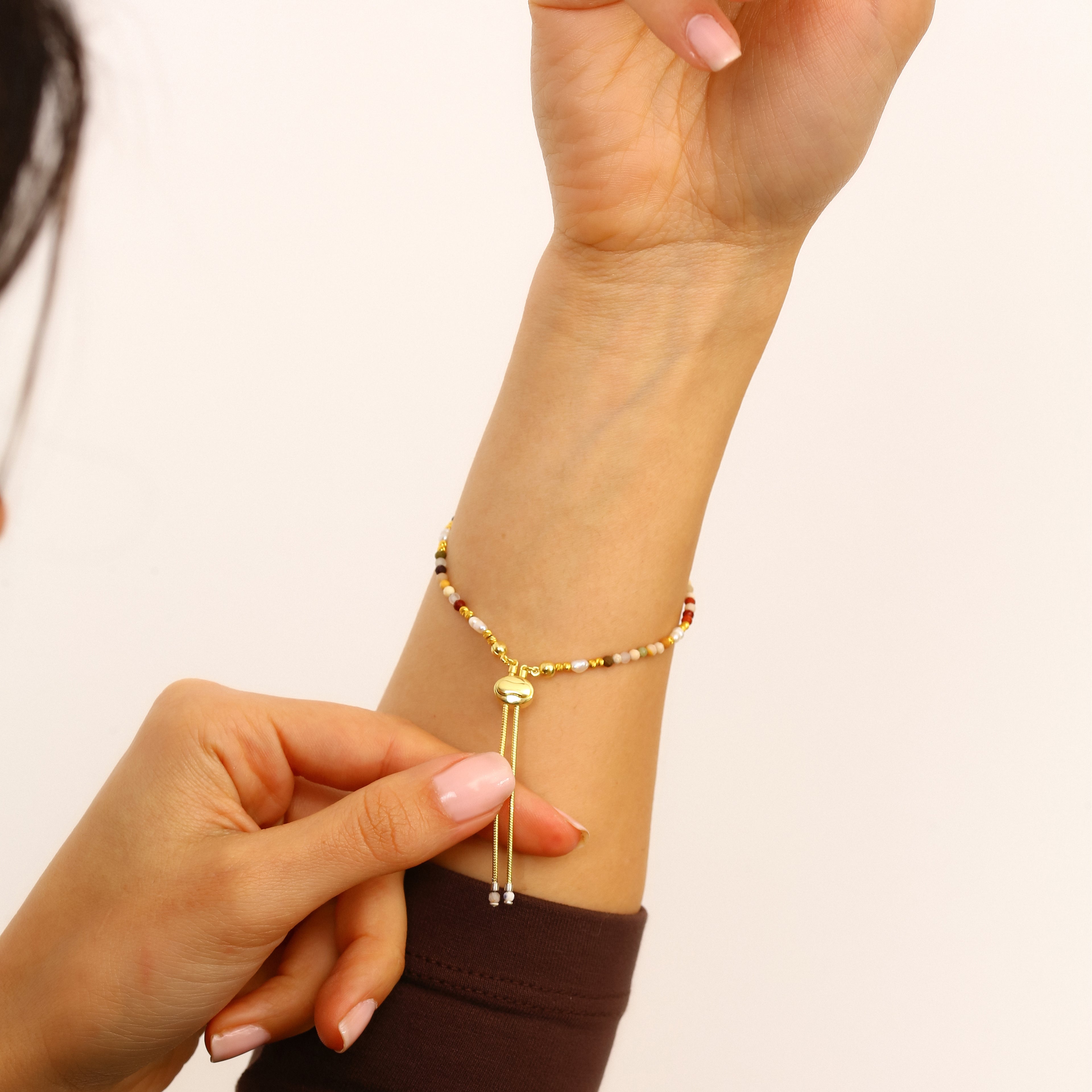 18K Gold Vermeil Doğal Taşlı İnci Bileklik - 925 Ayar Gümüş El İşçiliği