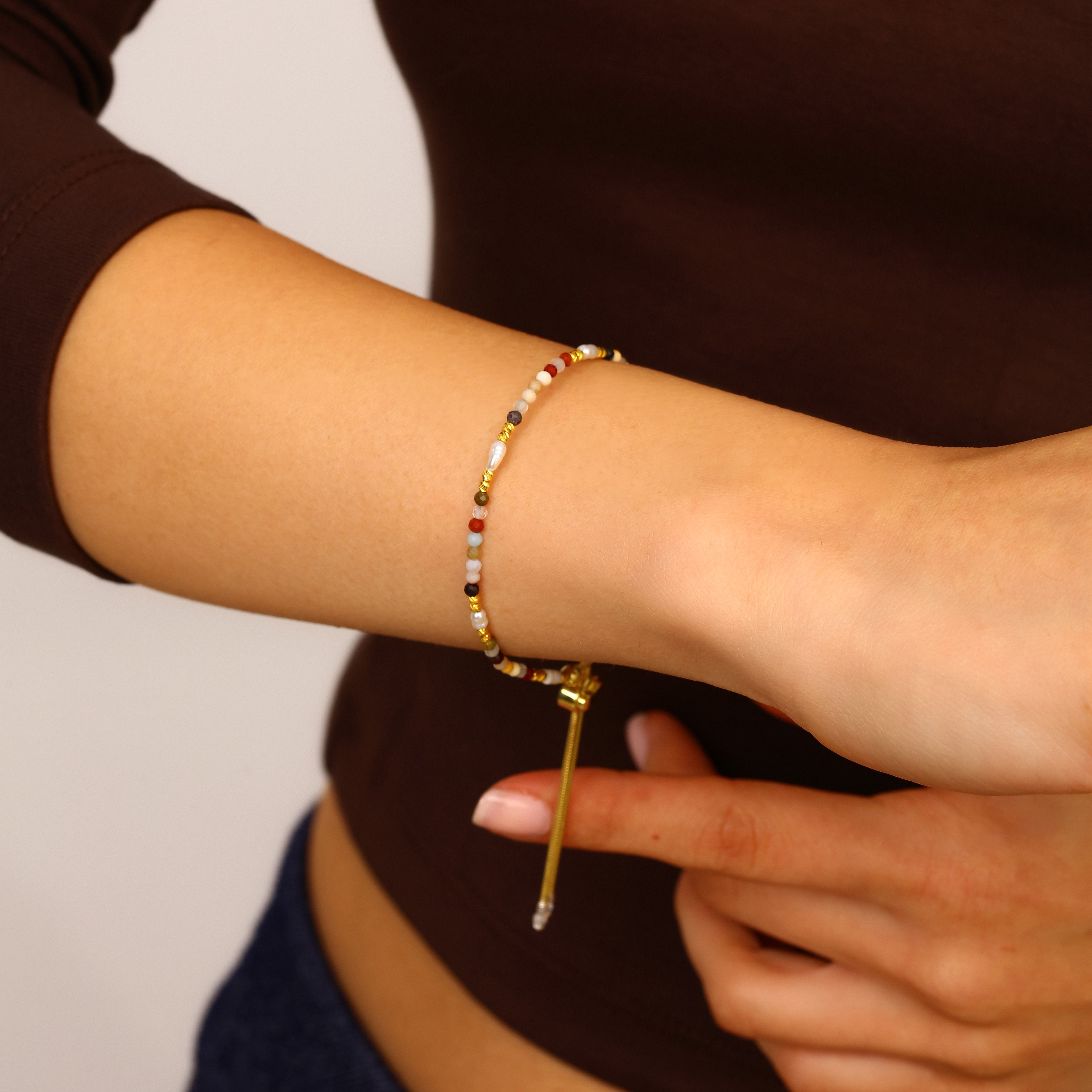 18K Gold Vermeil Doğal Taşlı İnci Bileklik - 925 Ayar Gümüş El İşçiliği