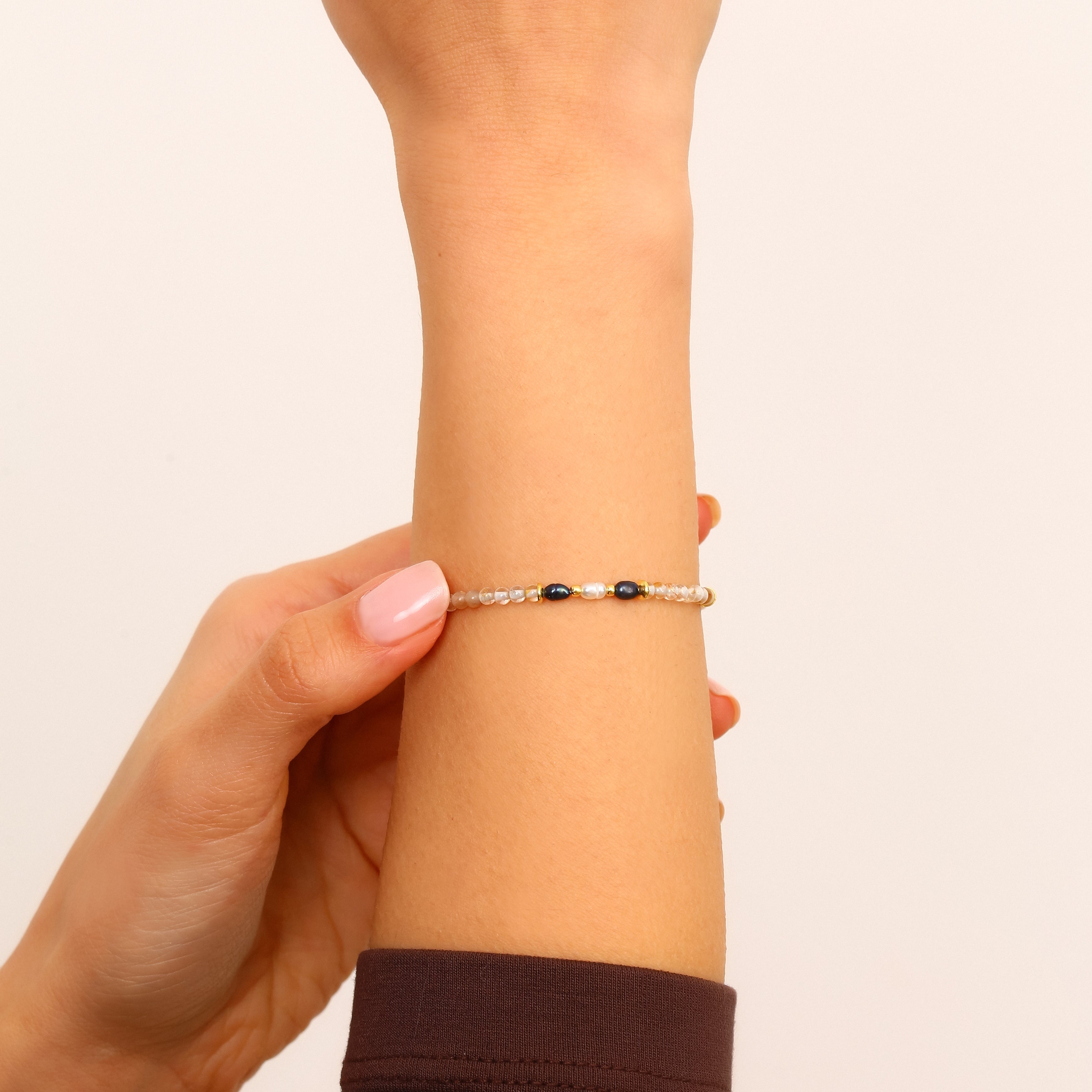 Doğal Sitrin, Kuvars ve İnci Taşlı 18K Altın Kaplama Gümüş Bileklik