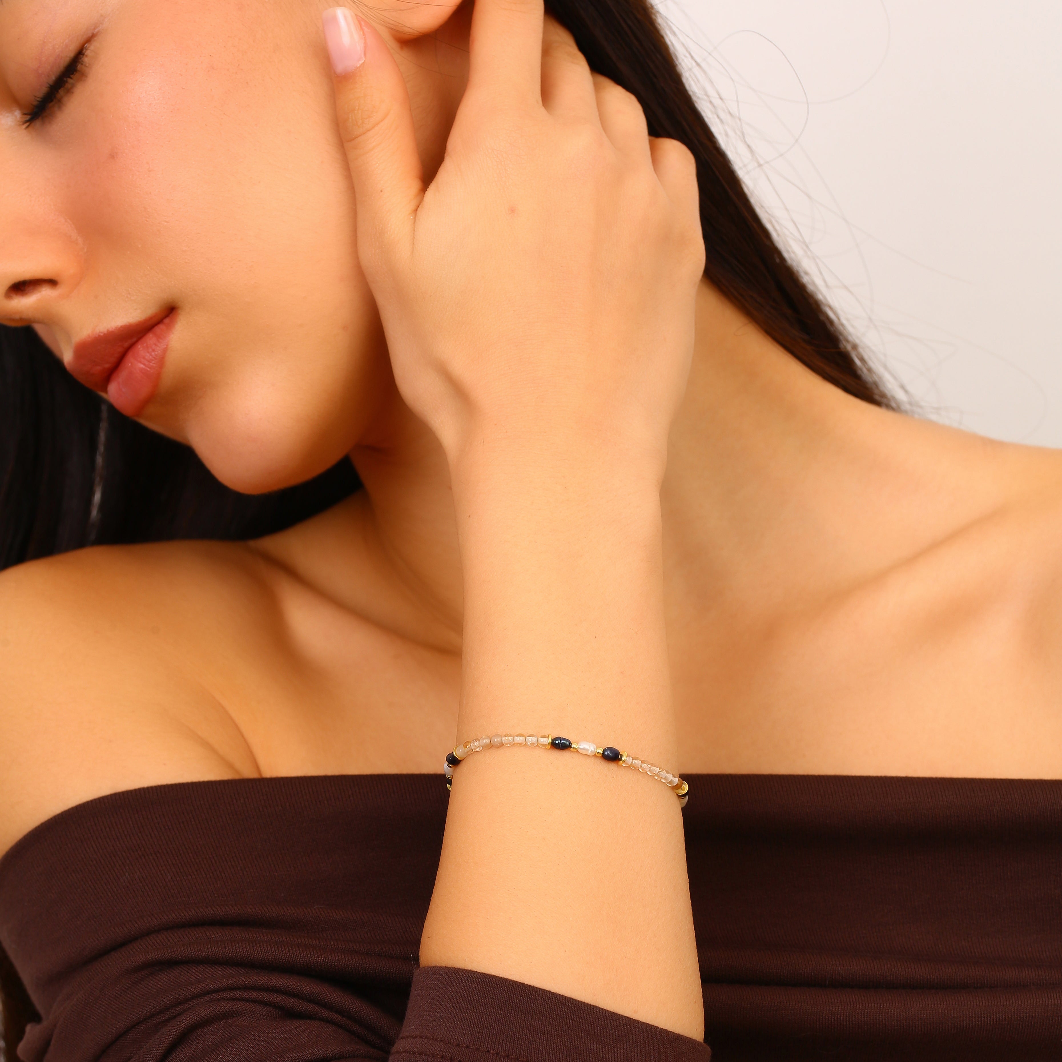 Doğal Sitrin, Kuvars ve İnci Taşlı 18K Altın Kaplama Gümüş Bileklik