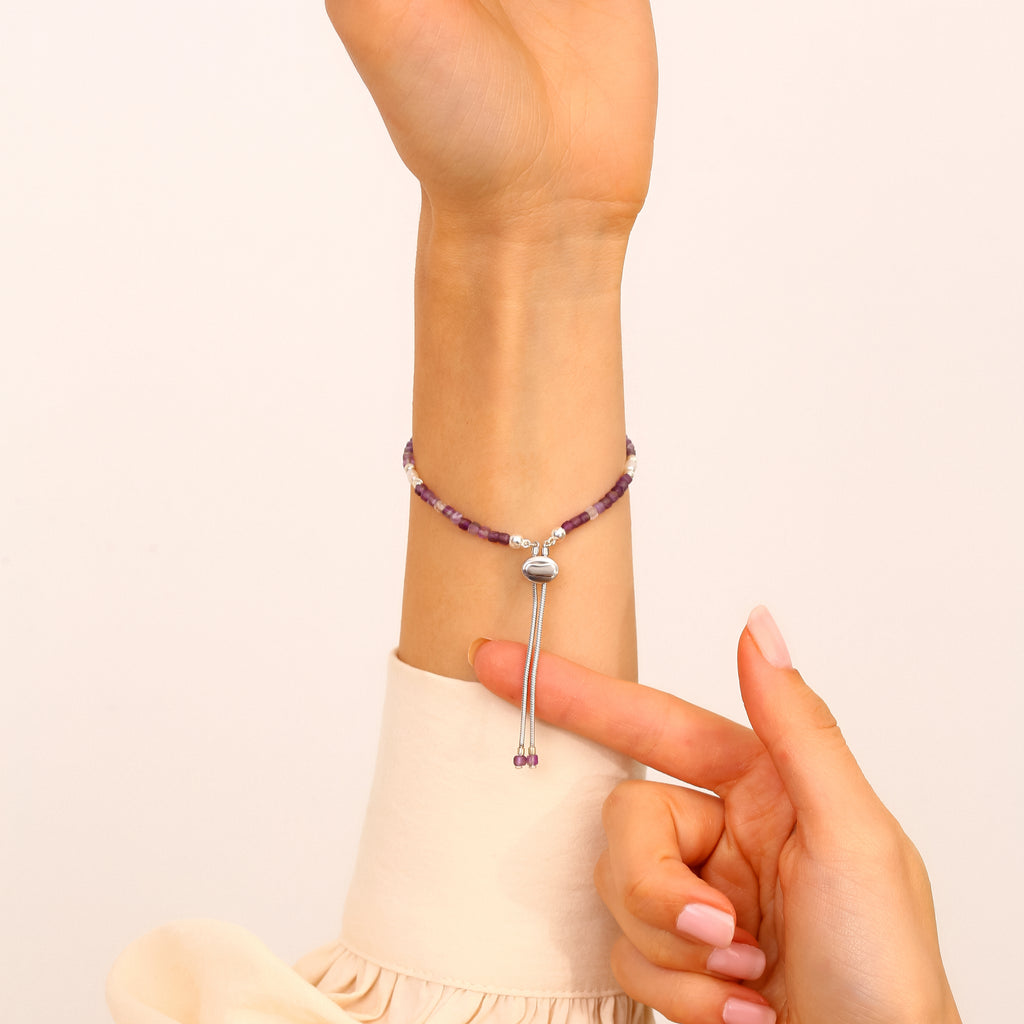 925 Ayar Gümüş Ametist ve İnci Bileklik - Rodyum Kaplama, Ayarlanabilir Sürgülü