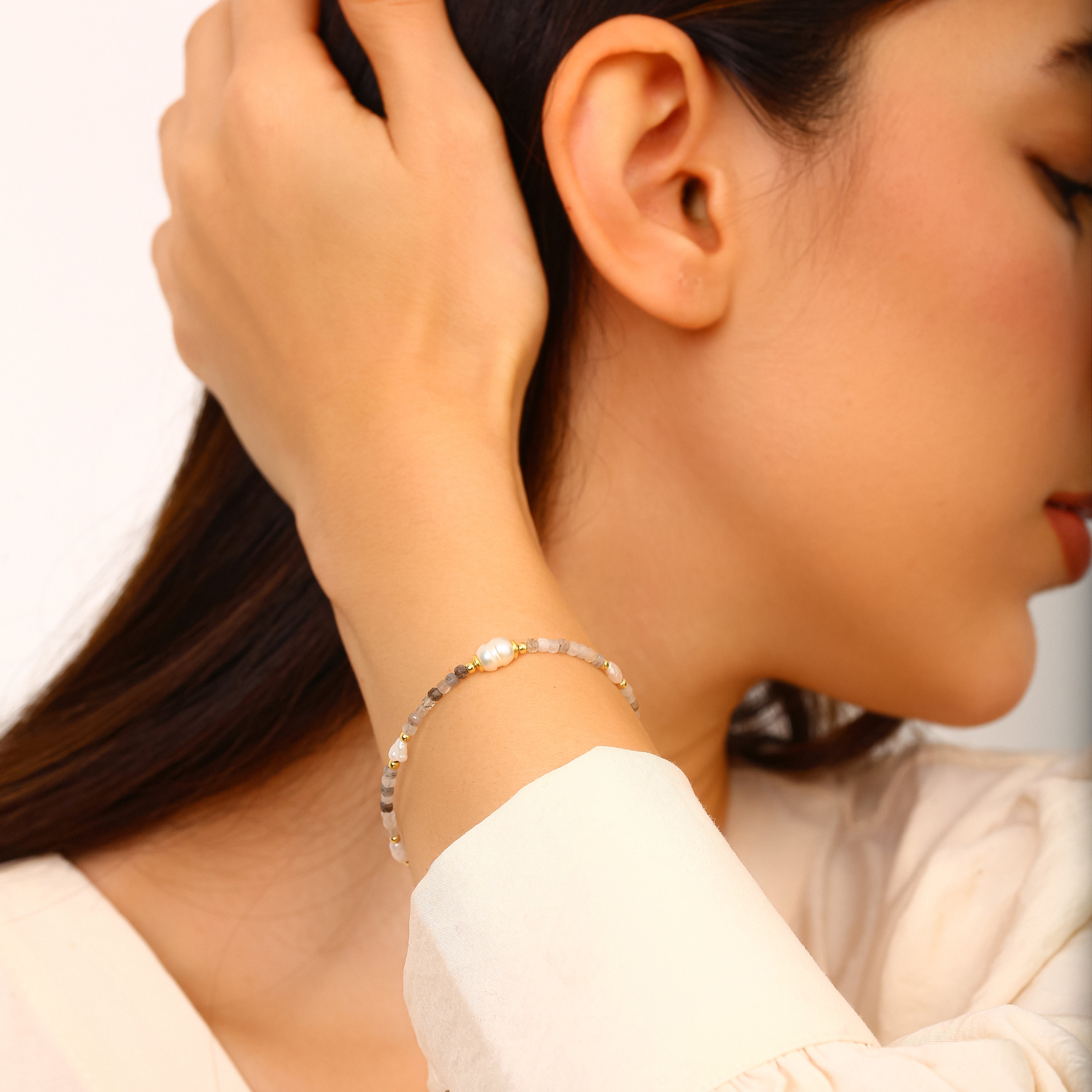 Dendritik Akik ve Barok İnci Bileklik - 18 Ayar Altın Kaplama 925 Ayar Gümüş, Ayarlanabilir