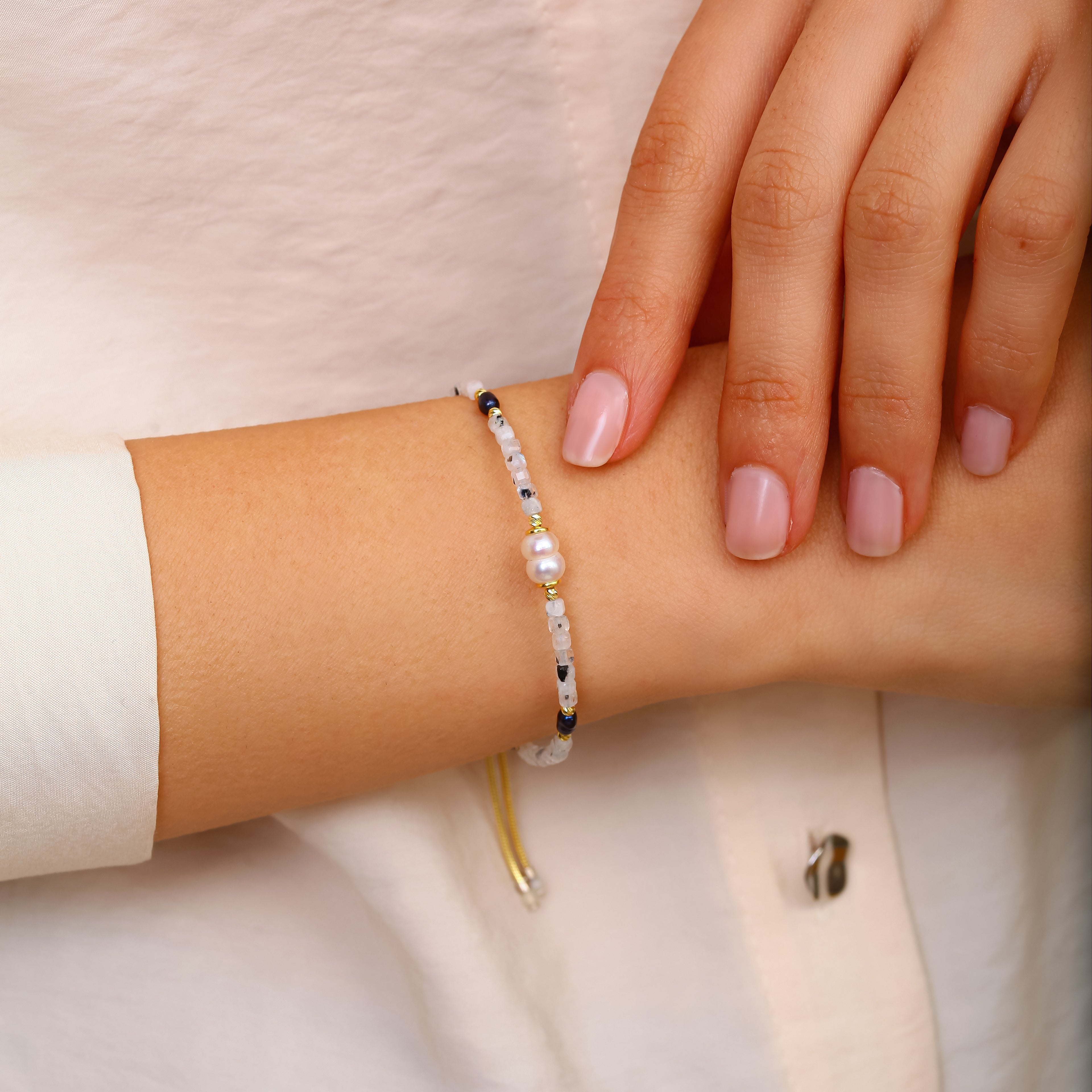 925 Ayar Gümüş 18 Ayar Altın Kaplama Turmalinli Kuvars ve İnci Bileklik