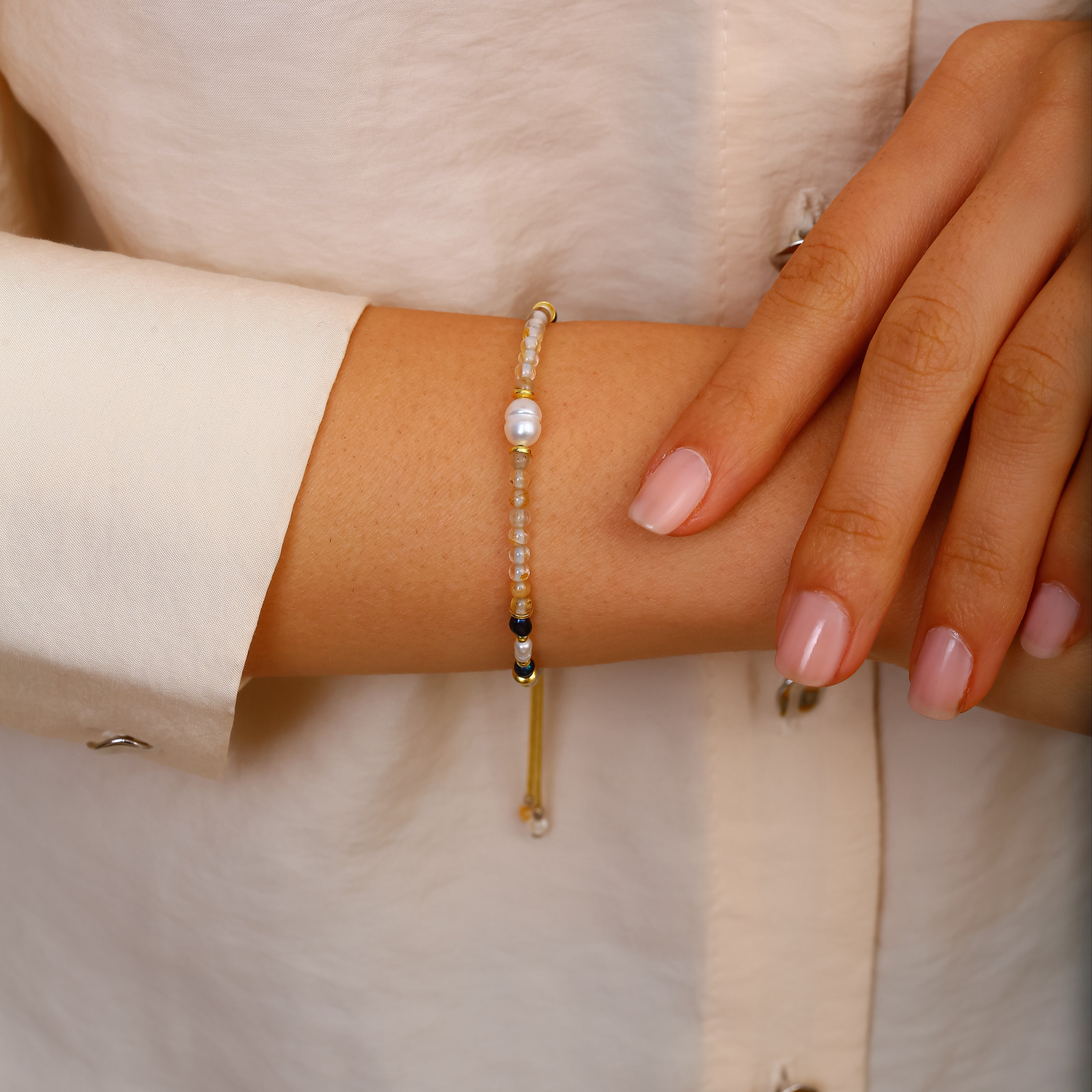 El Yapımı Ay Taşı, Sitrin ve İnci Bileklik - 18 Ayar Altın Kaplama 925 Ayar Gümüş