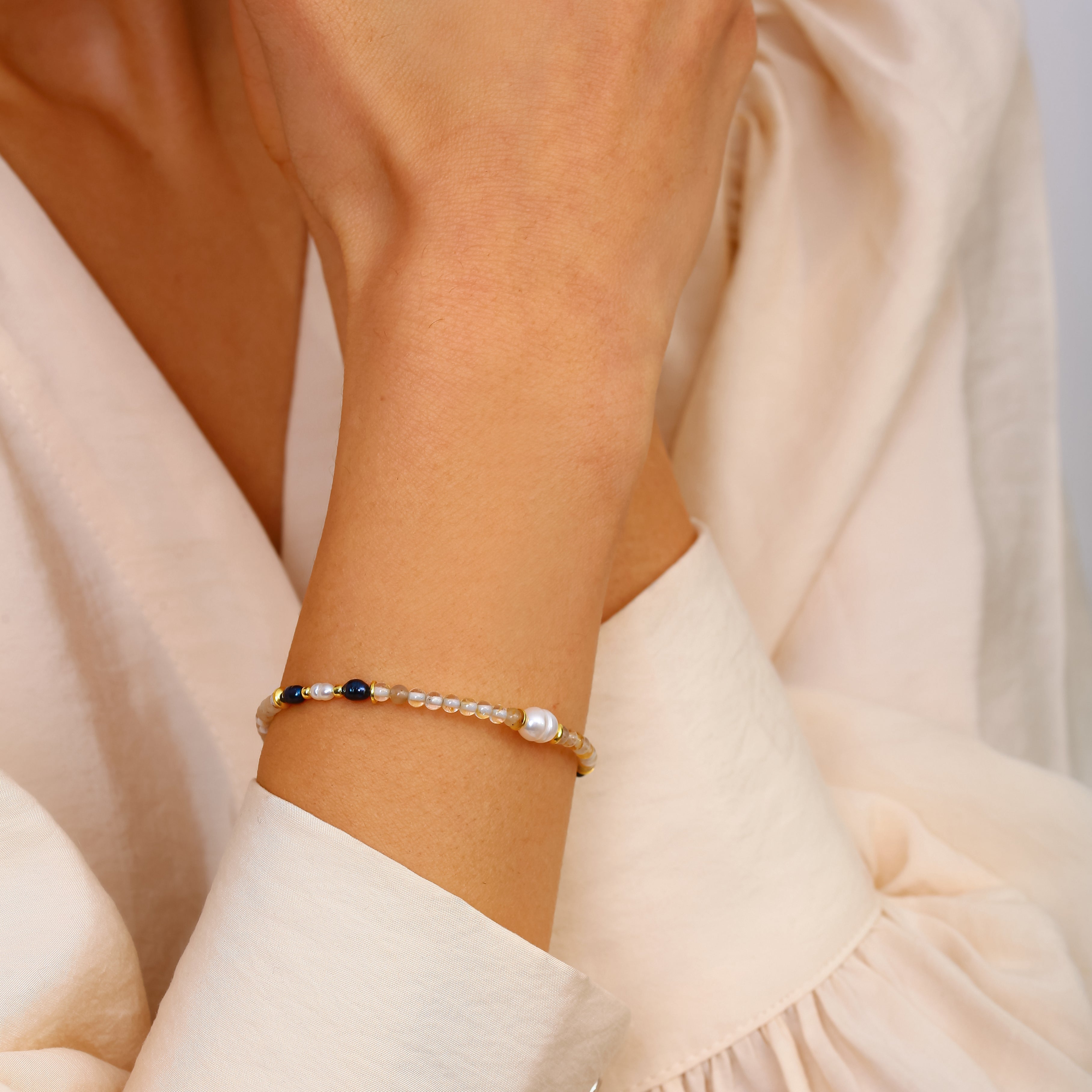 El Yapımı Ay Taşı, Sitrin ve İnci Bileklik - 18 Ayar Altın Kaplama 925 Ayar Gümüş