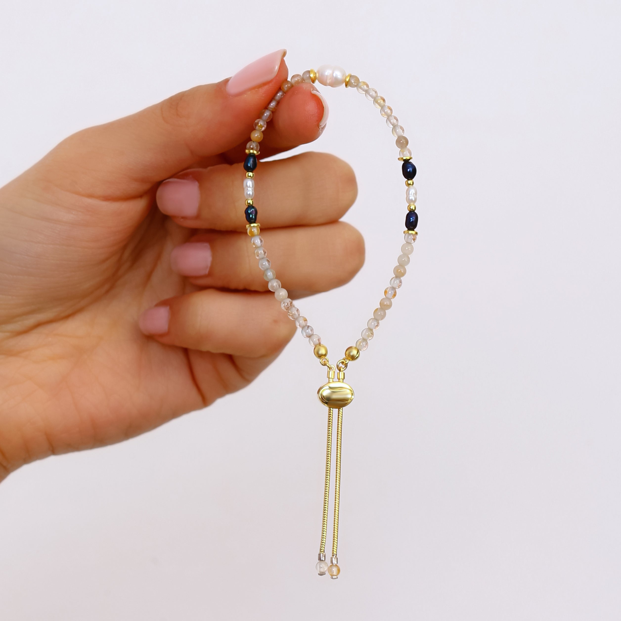 El Yapımı Ay Taşı, Sitrin ve İnci Bileklik - 18 Ayar Altın Kaplama 925 Ayar Gümüş