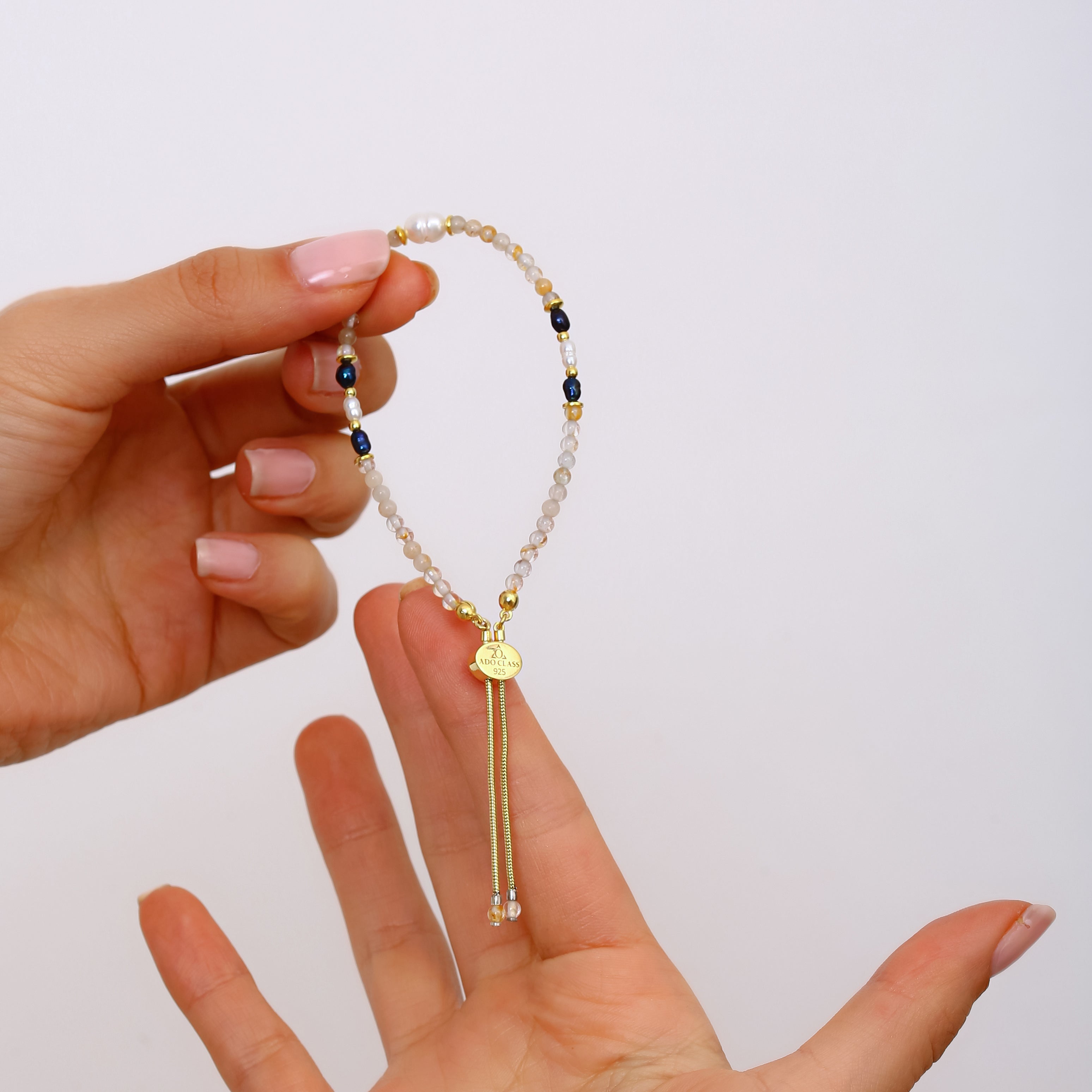 El Yapımı Ay Taşı, Sitrin ve İnci Bileklik - 18 Ayar Altın Kaplama 925 Ayar Gümüş