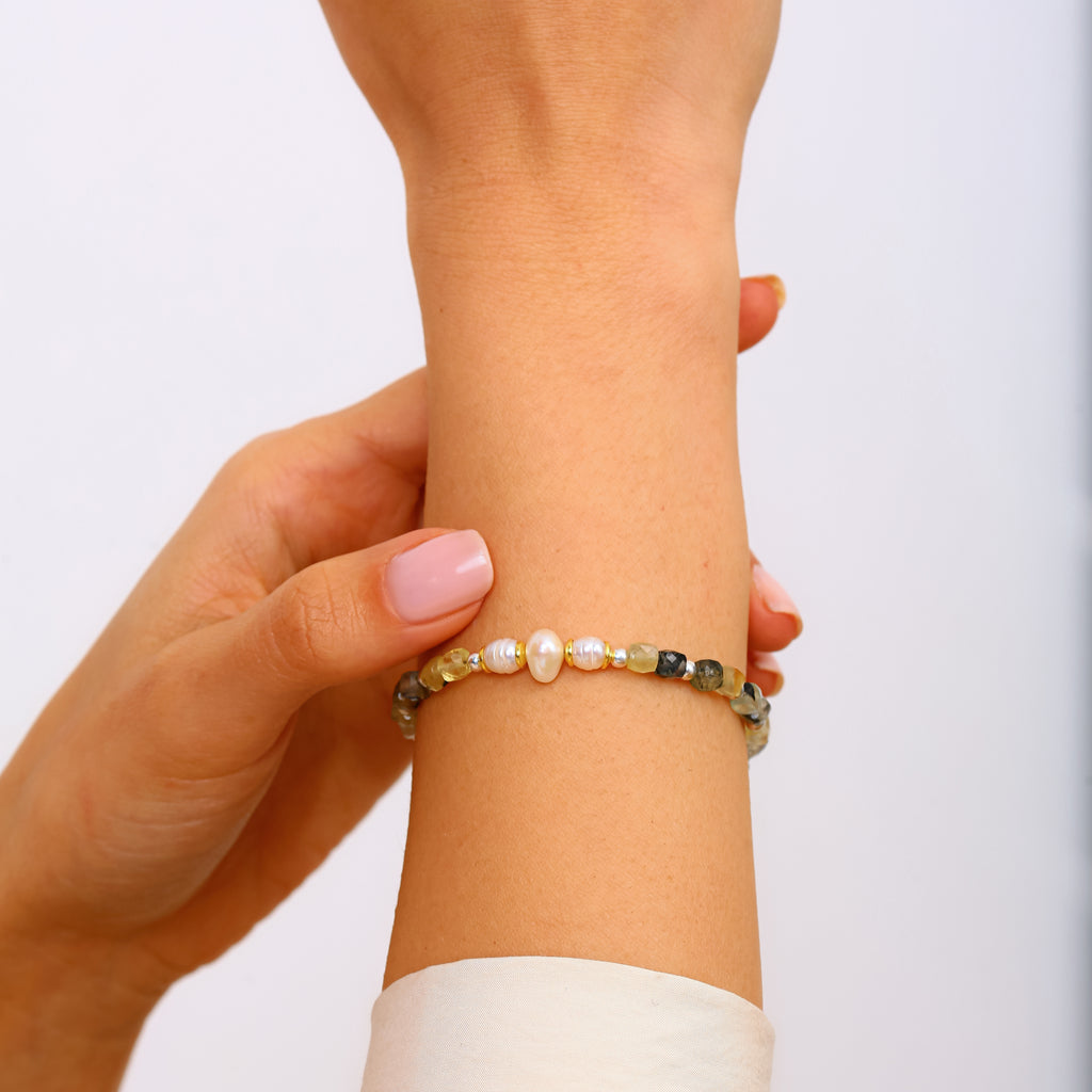 Ayarlanabilir Prehnit ve İnci Bileklik - 18 Ayar Altın Kaplama 925 Ayar Gümüş