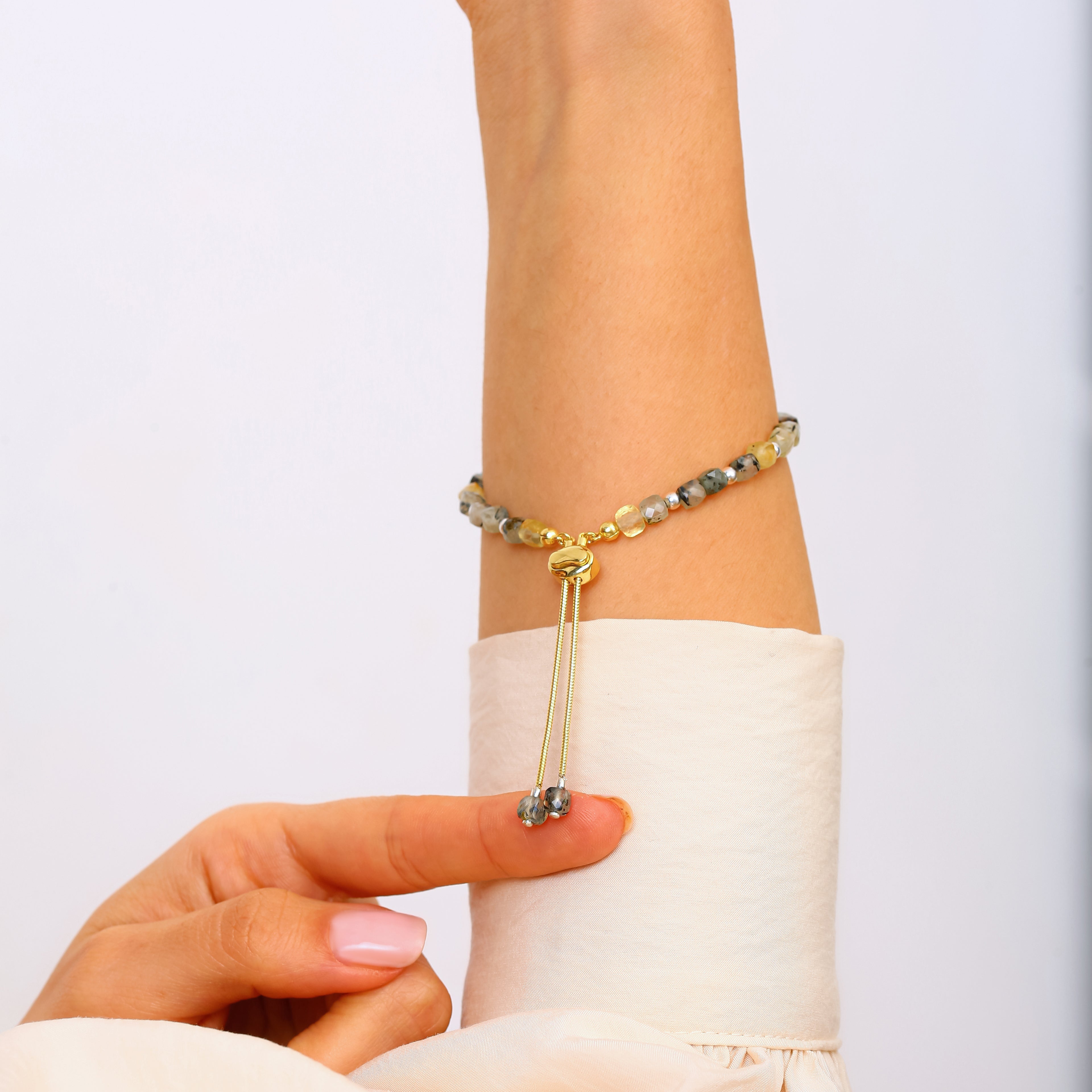 Ayarlanabilir Prehnit ve İnci Bileklik - 18 Ayar Altın Kaplama 925 Ayar Gümüş