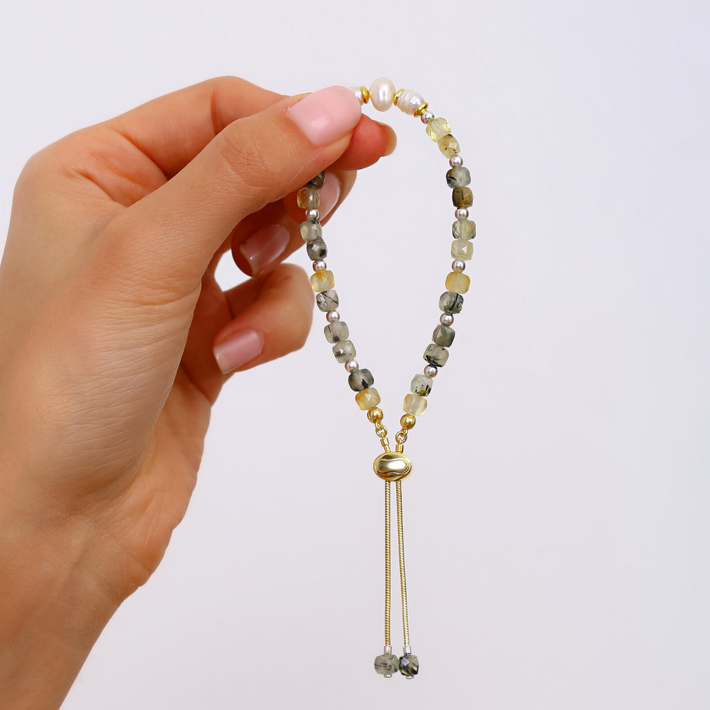 Ayarlanabilir Prehnit ve İnci Bileklik - 18 Ayar Altın Kaplama 925 Ayar Gümüş