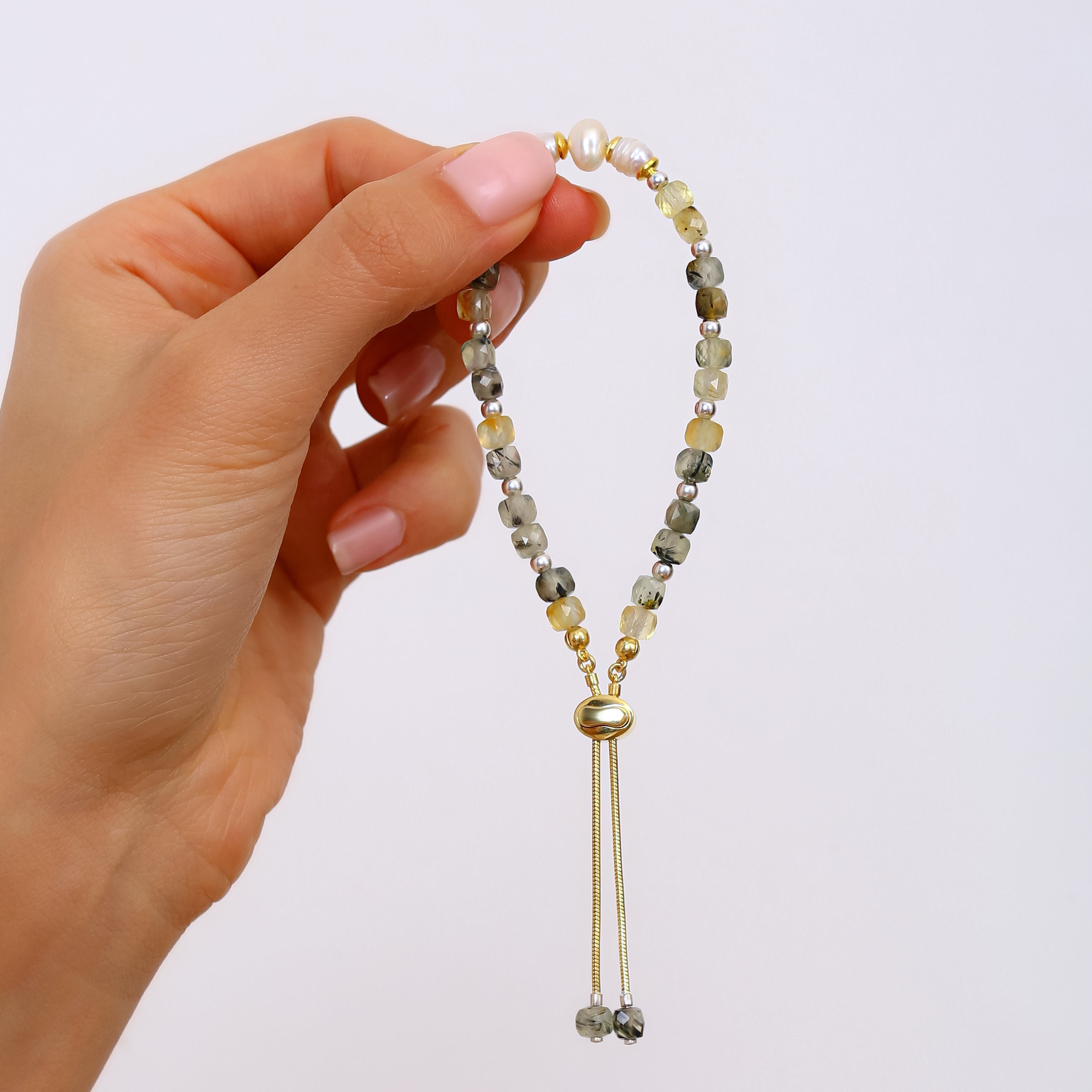 Ayarlanabilir Prehnit ve İnci Bileklik - 18 Ayar Altın Kaplama 925 Ayar Gümüş