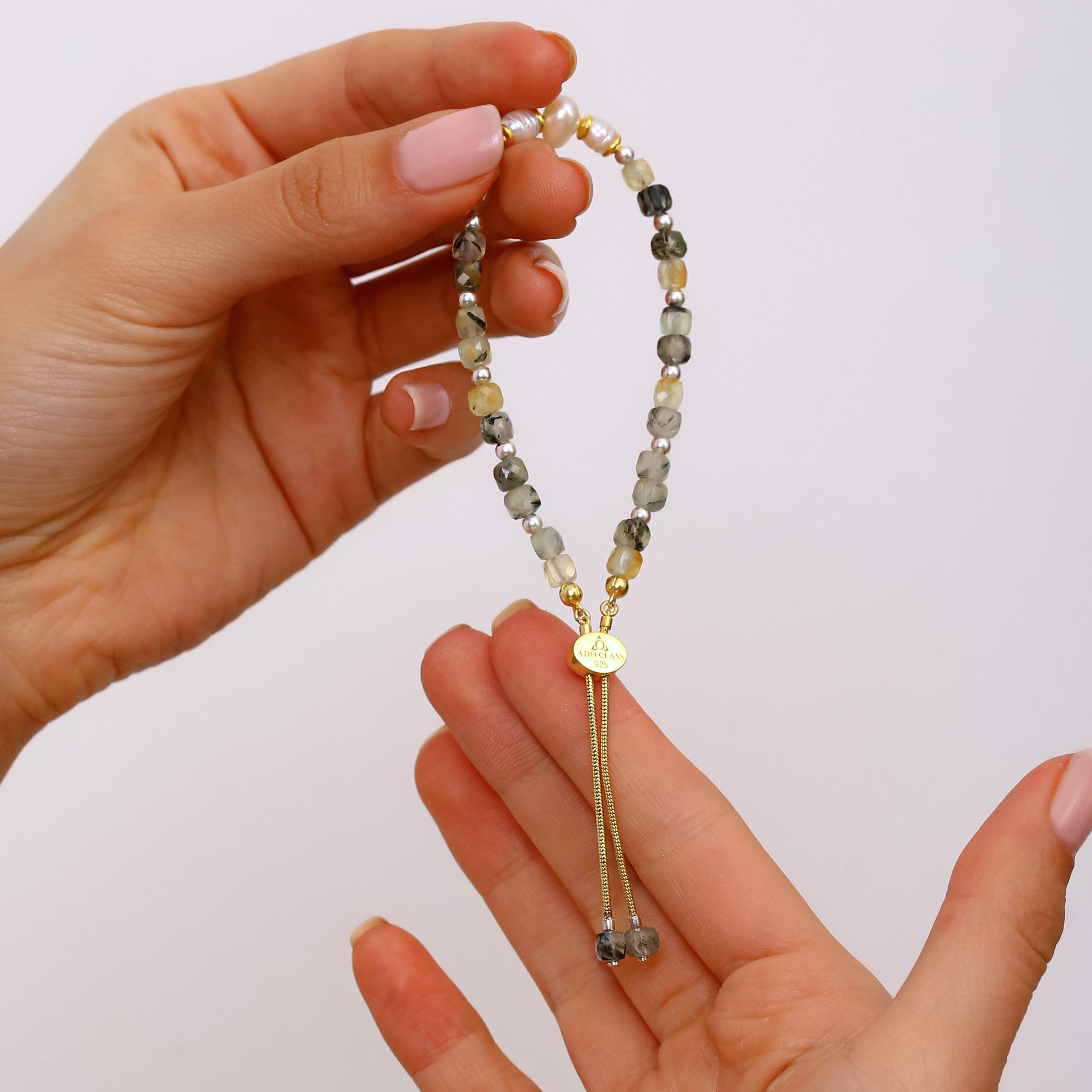 Ayarlanabilir Prehnit ve İnci Bileklik - 18 Ayar Altın Kaplama 925 Ayar Gümüş