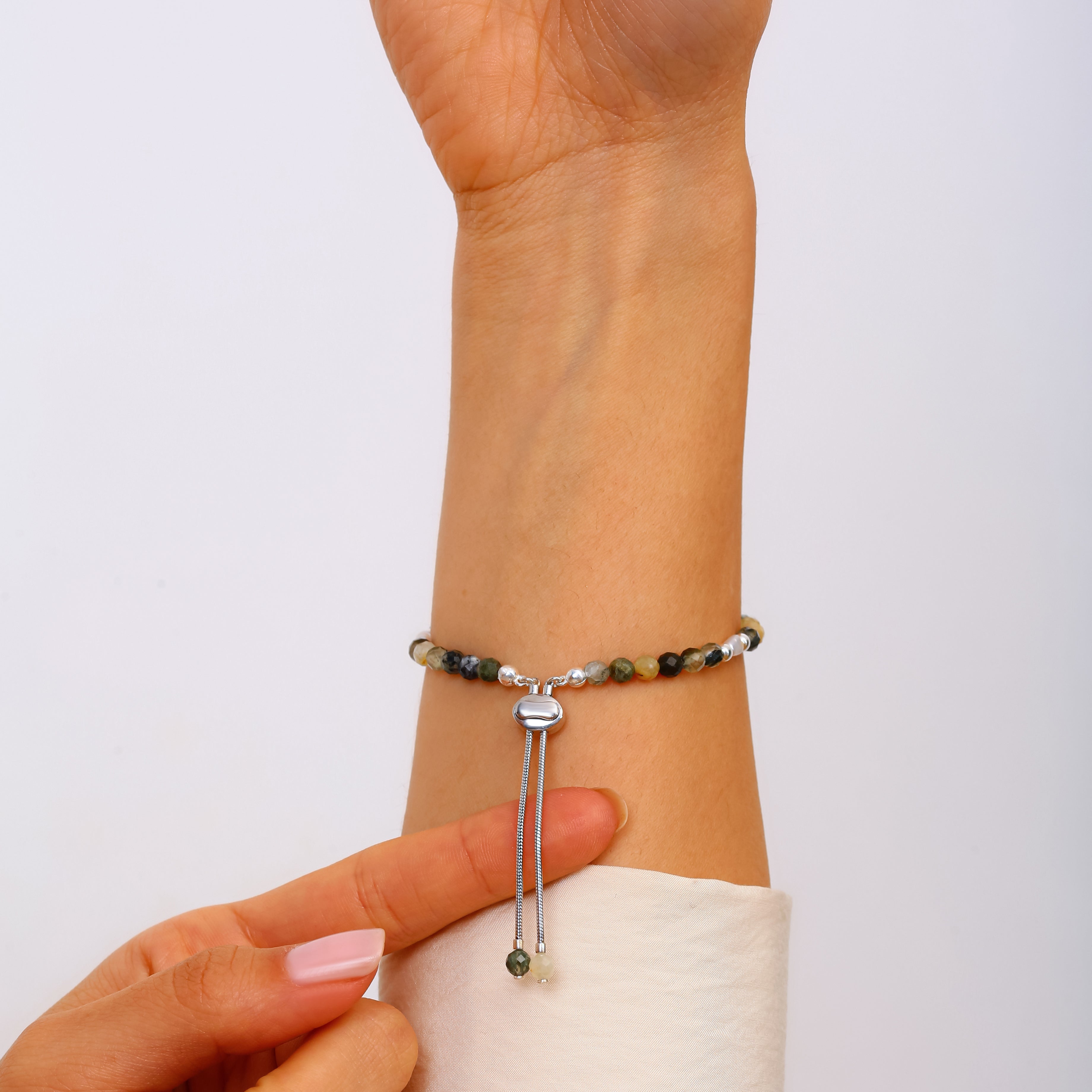 925 Ayar Gümüş Yosun Akik Bileklik - Rodyum Kaplama, Ayarlanabilir Sürgülü