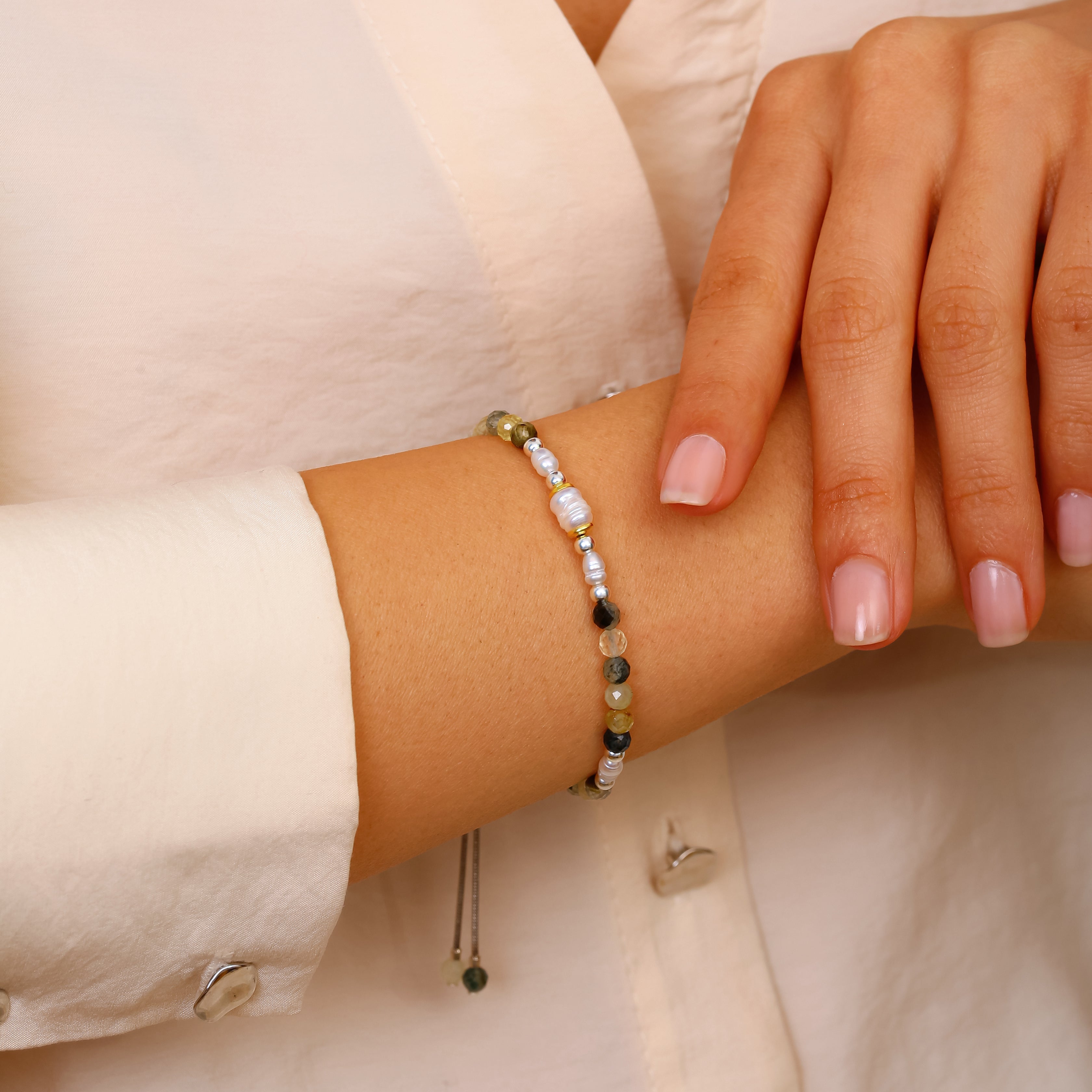 925 Ayar Gümüş Yosun Akik Bileklik - Rodyum Kaplama, Ayarlanabilir Sürgülü