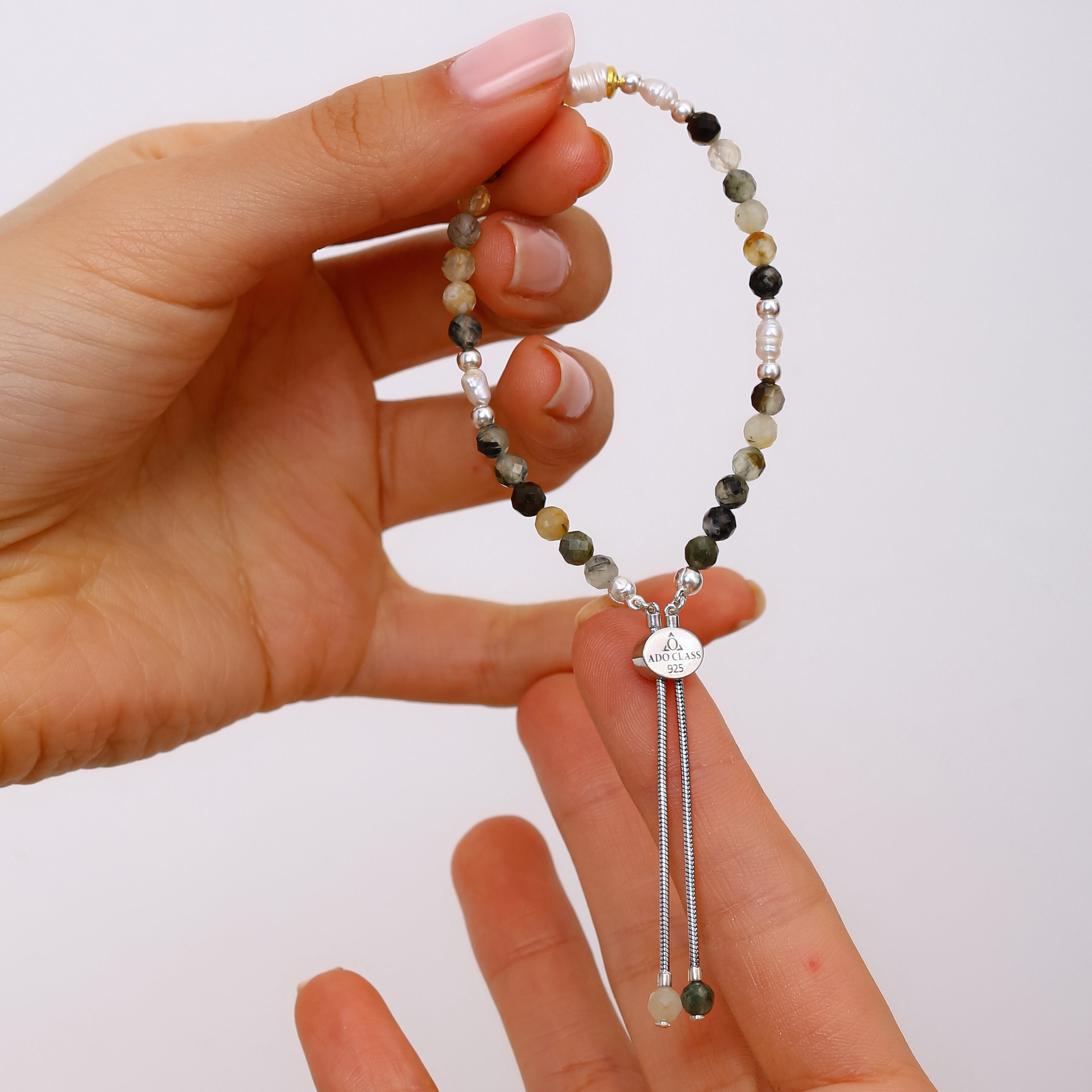 925 Ayar Gümüş Yosun Akik Bileklik - Rodyum Kaplama, Ayarlanabilir Sürgülü