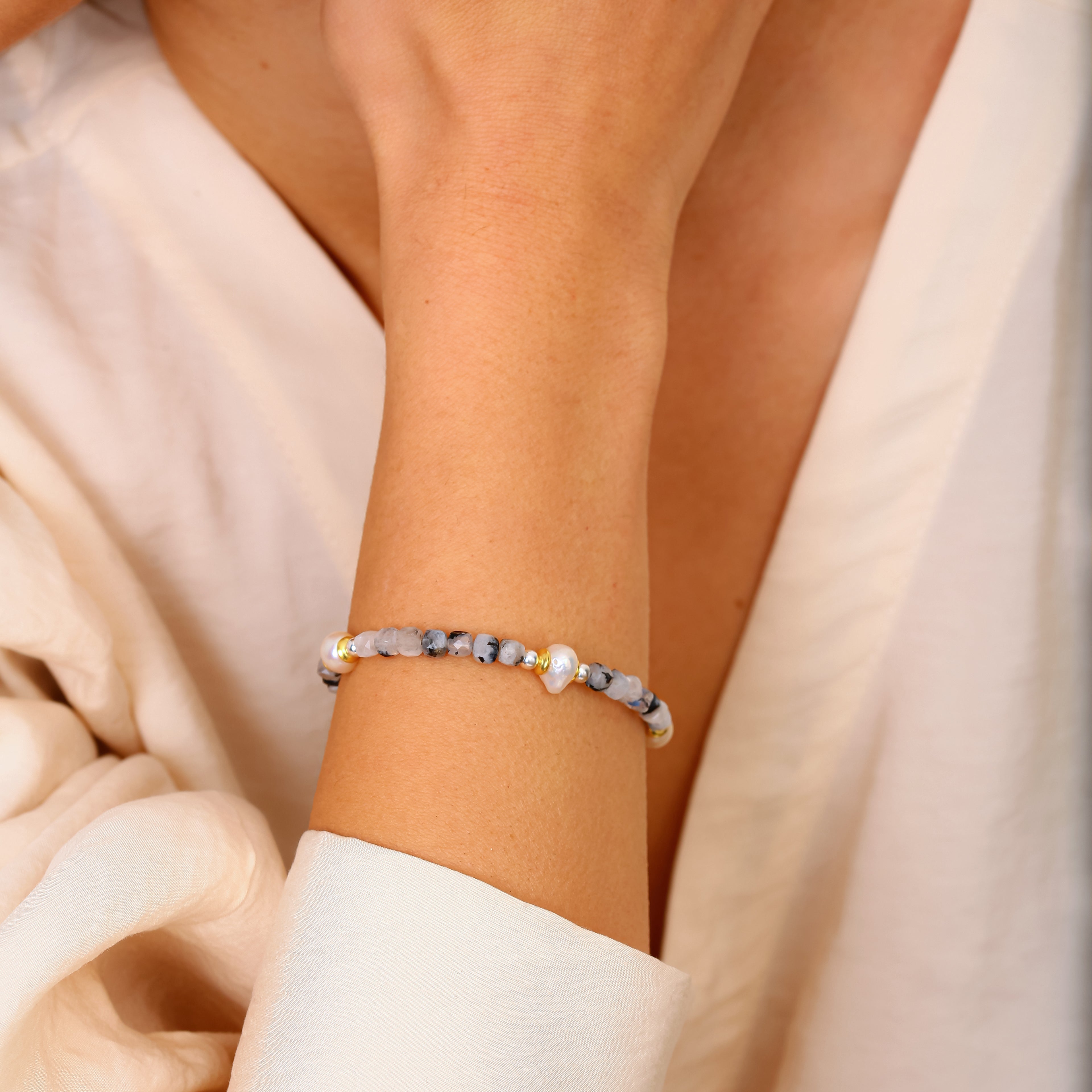 925 Ayar Gümüş Turmalinli Kuvars ve İnci Bileklik - Ayarlanabilir Sürgülü Tasarım