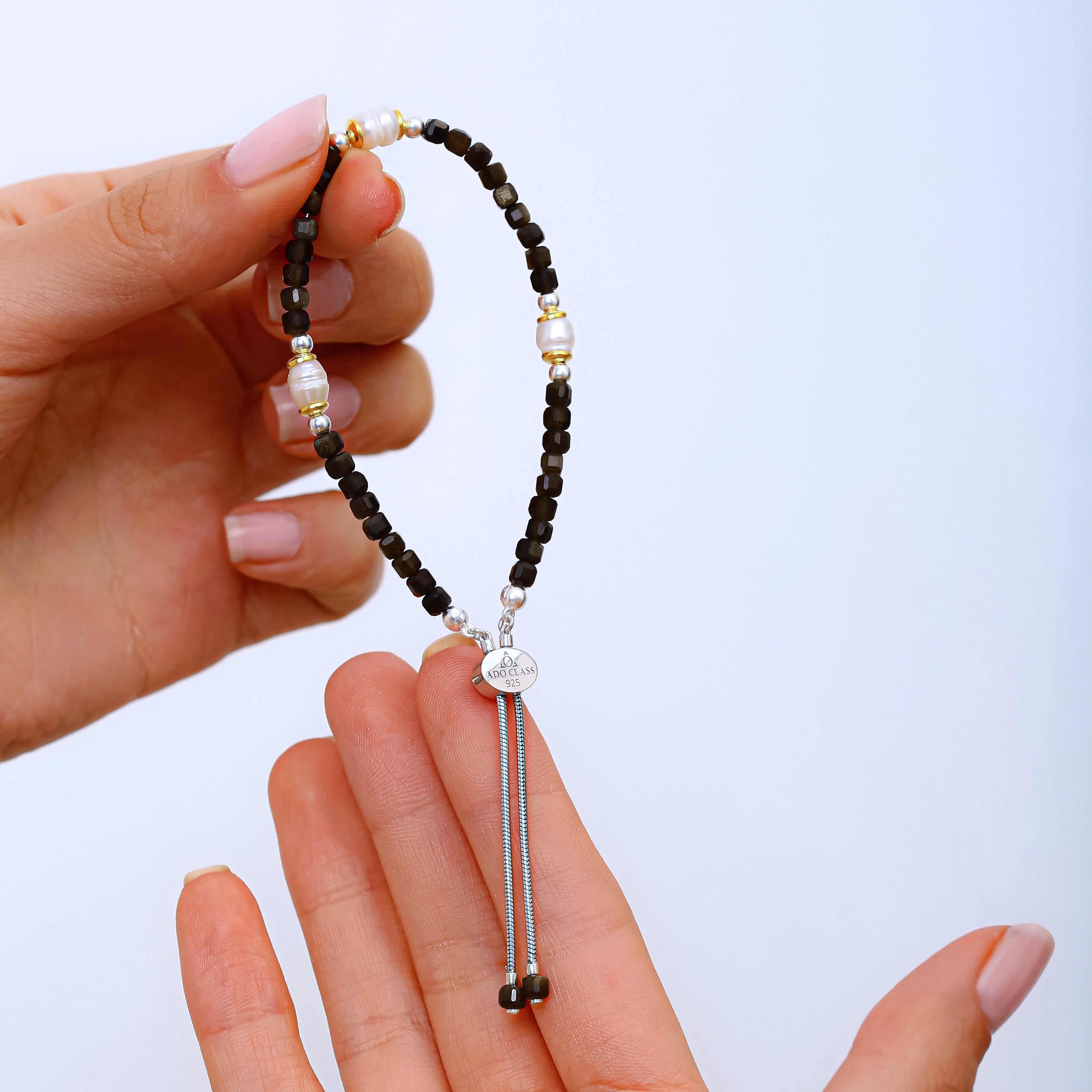 Doğal Siyah Spinel ve Tatlı Su İncisi Taşlı 925 Ayar Gümüş Bileklik - Rodyum Kaplama