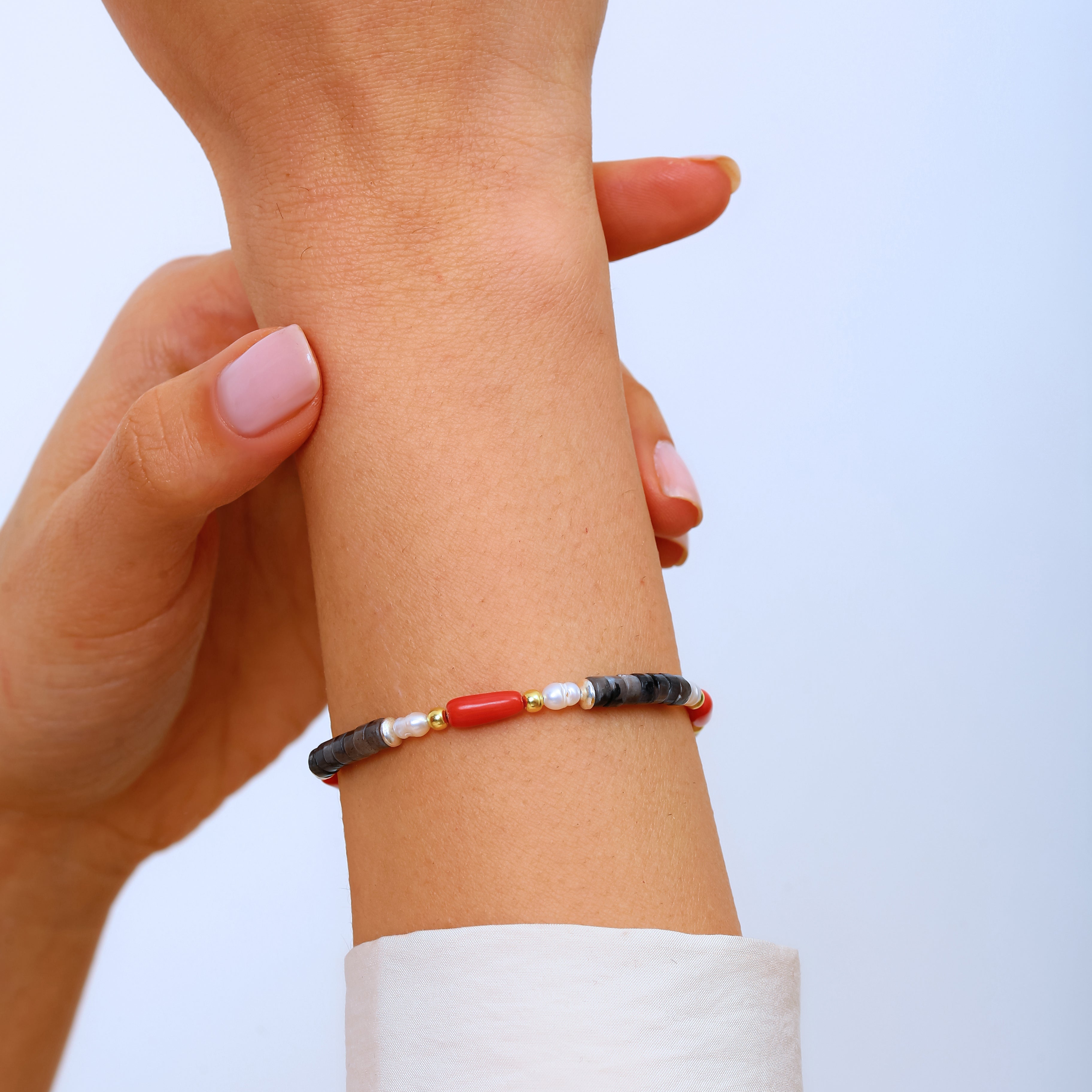 925 Ayar Gümüş Picasso Jasper, Mercan ve İnci Bileklik - Ayarlanabilir