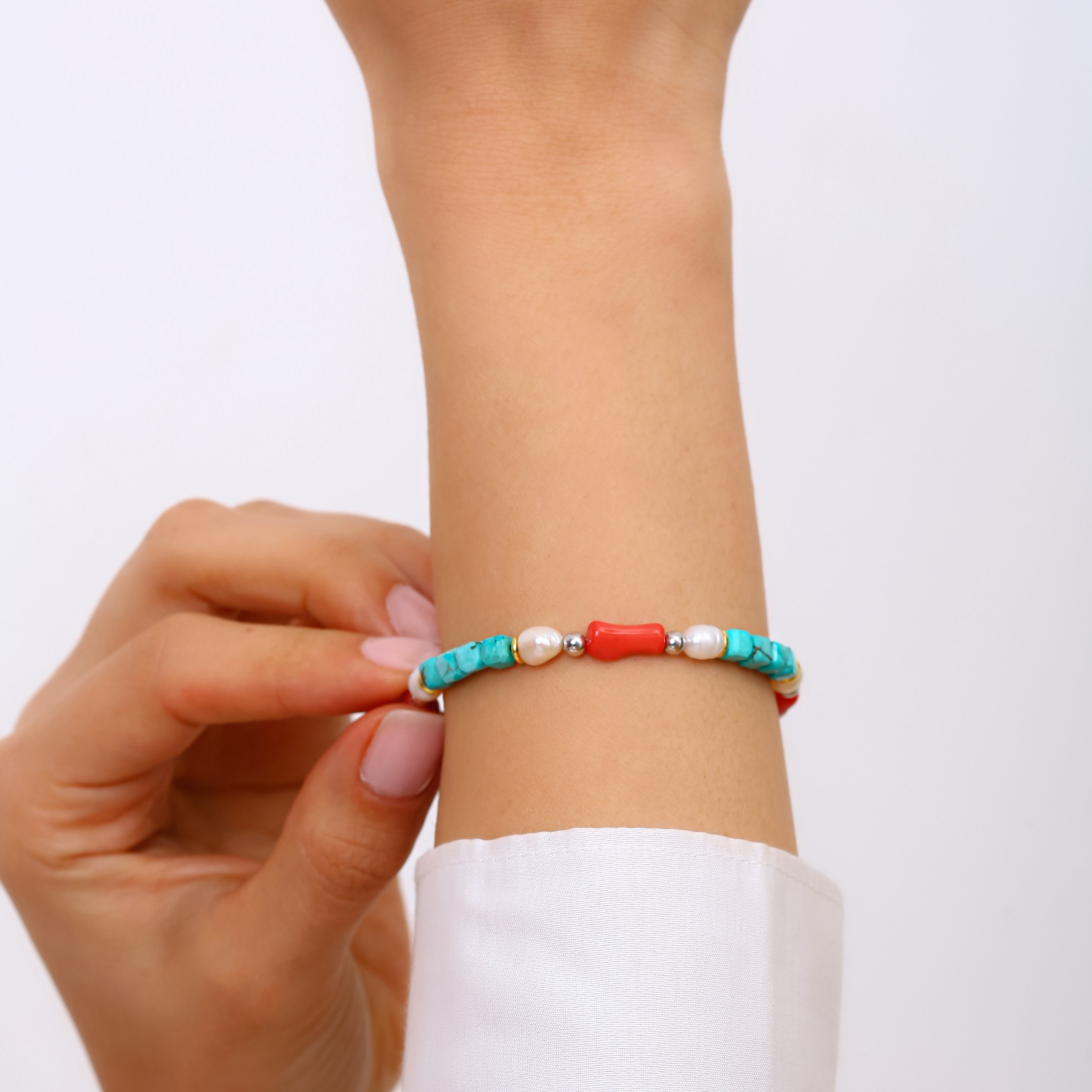 925 Ayar Gümüş Turkuaz, Mercan ve İnci Bileklik - Rodyum Kaplama, Ayarlanabilir