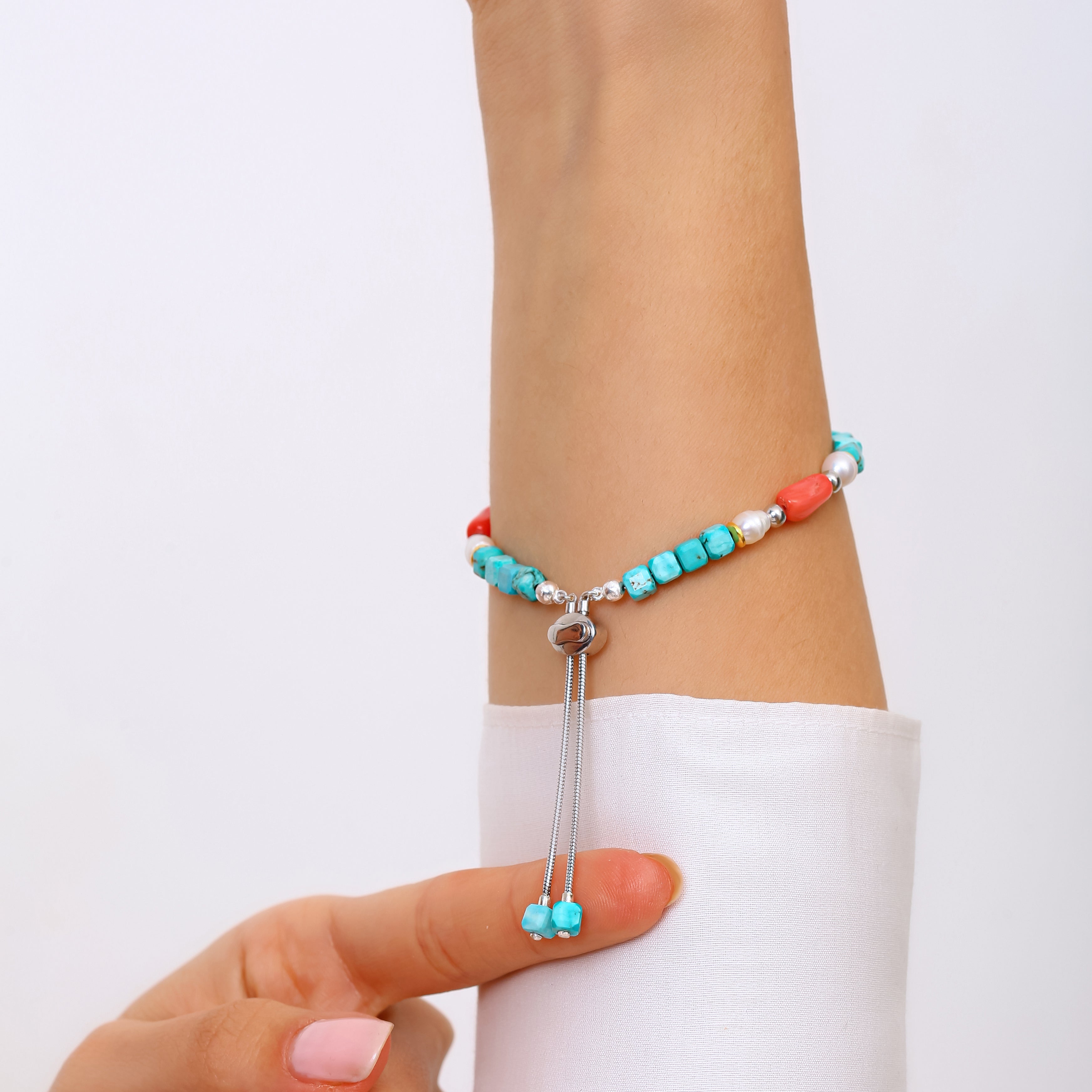 925 Ayar Gümüş Turkuaz, Mercan ve İnci Bileklik - Rodyum Kaplama, Ayarlanabilir