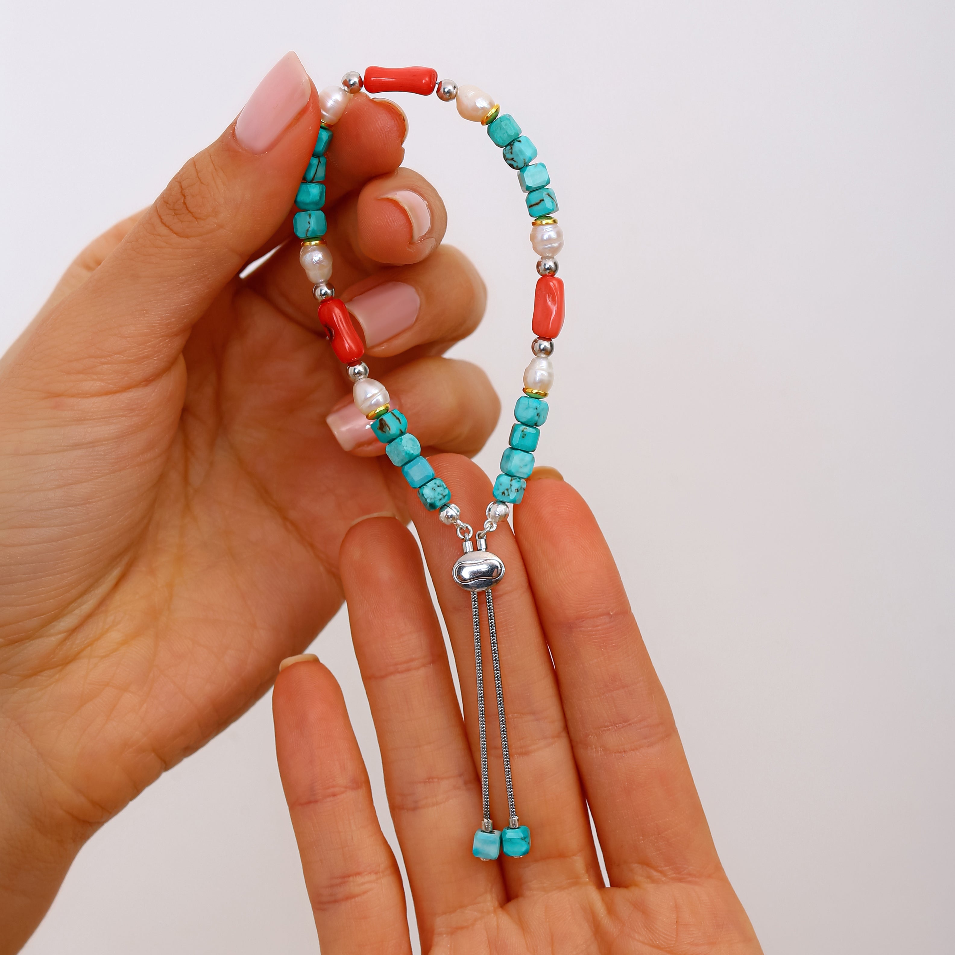 925 Ayar Gümüş Turkuaz, Mercan ve İnci Bileklik - Rodyum Kaplama, Ayarlanabilir