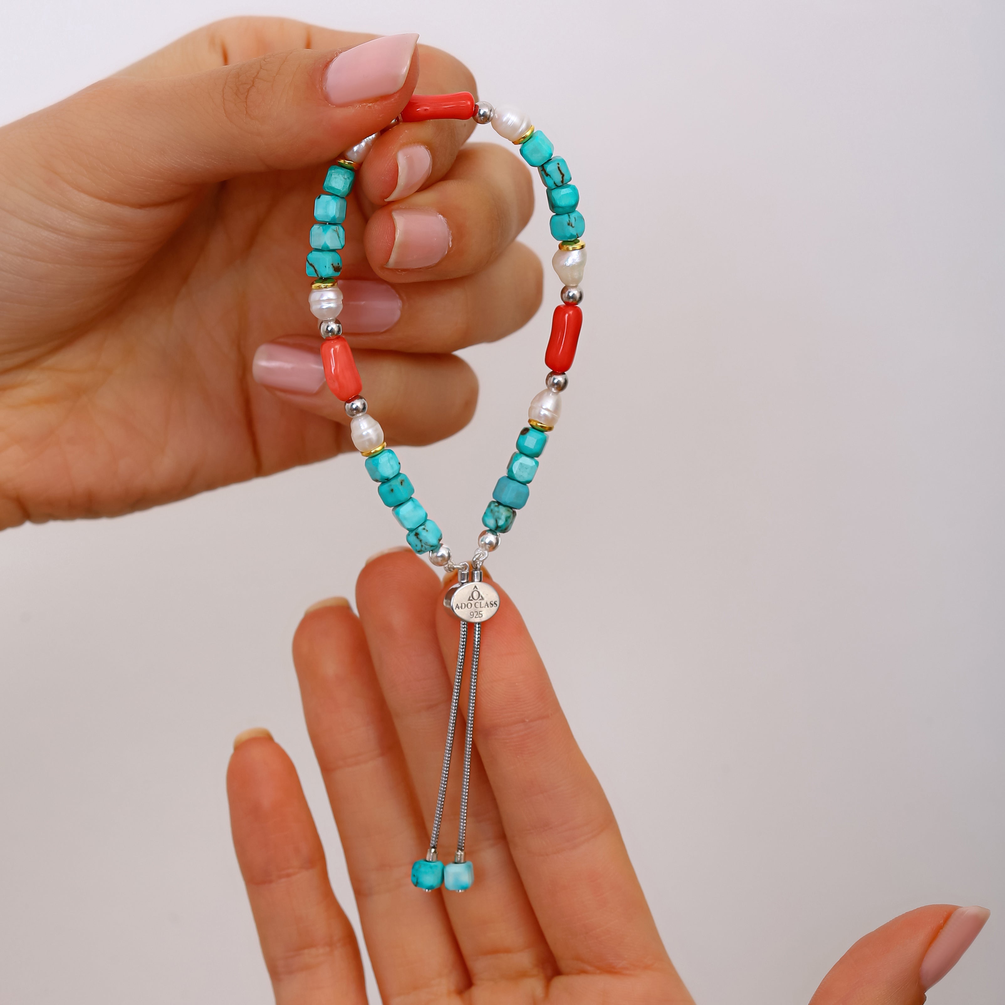 925 Ayar Gümüş Turkuaz, Mercan ve İnci Bileklik - Rodyum Kaplama, Ayarlanabilir