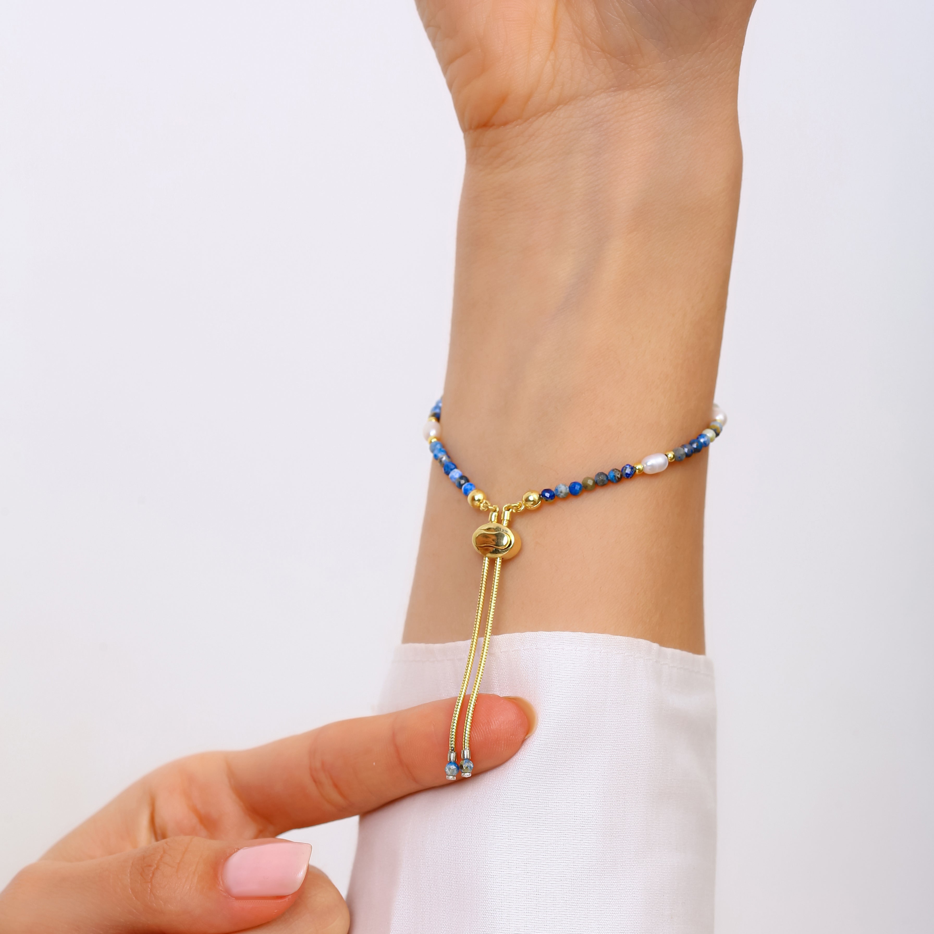 Sodalit ve İnci Detaylı El Yapımı Gümüş Bileklik - 18K Gold Vermeil Tasarım