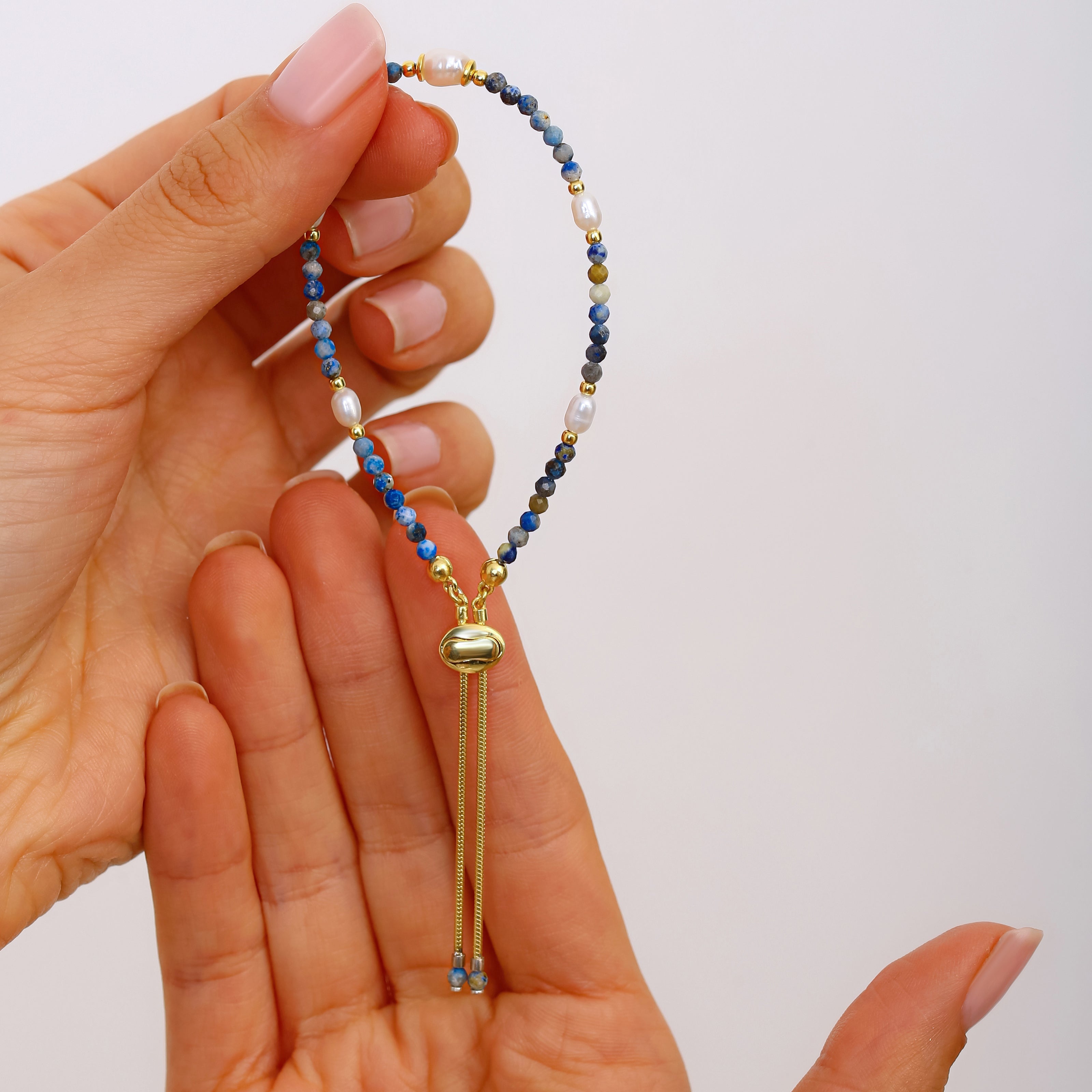 Sodalit ve İnci Detaylı El Yapımı Gümüş Bileklik - 18K Gold Vermeil Tasarım