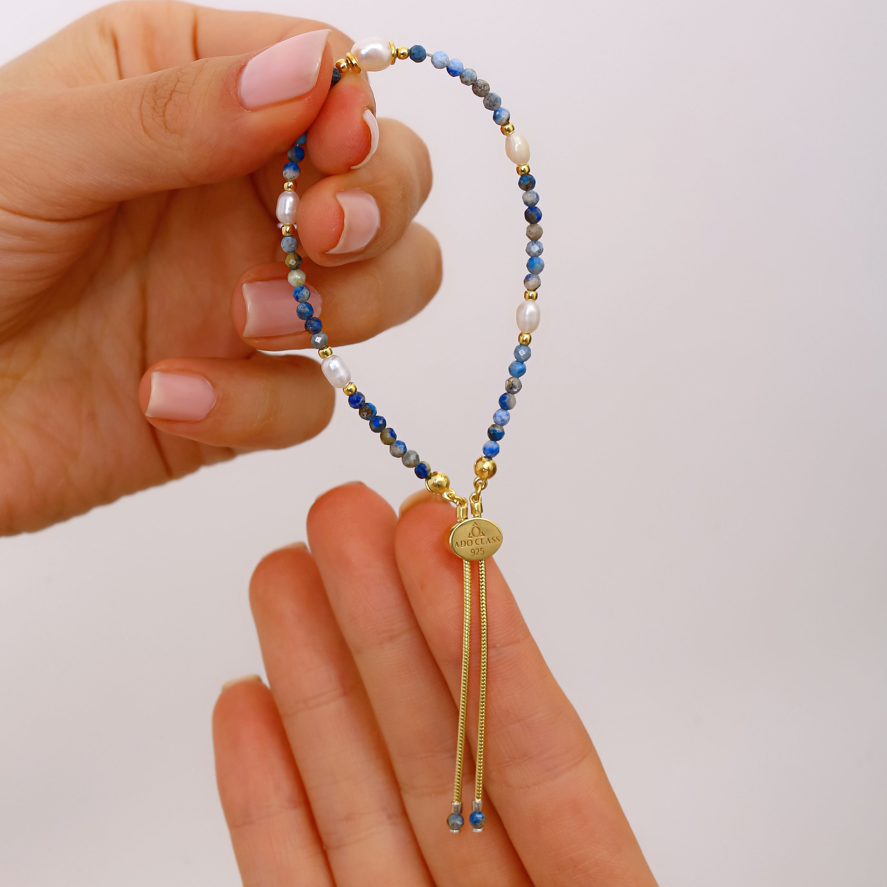 Sodalit ve İnci Detaylı El Yapımı Gümüş Bileklik - 18K Gold Vermeil Tasarım