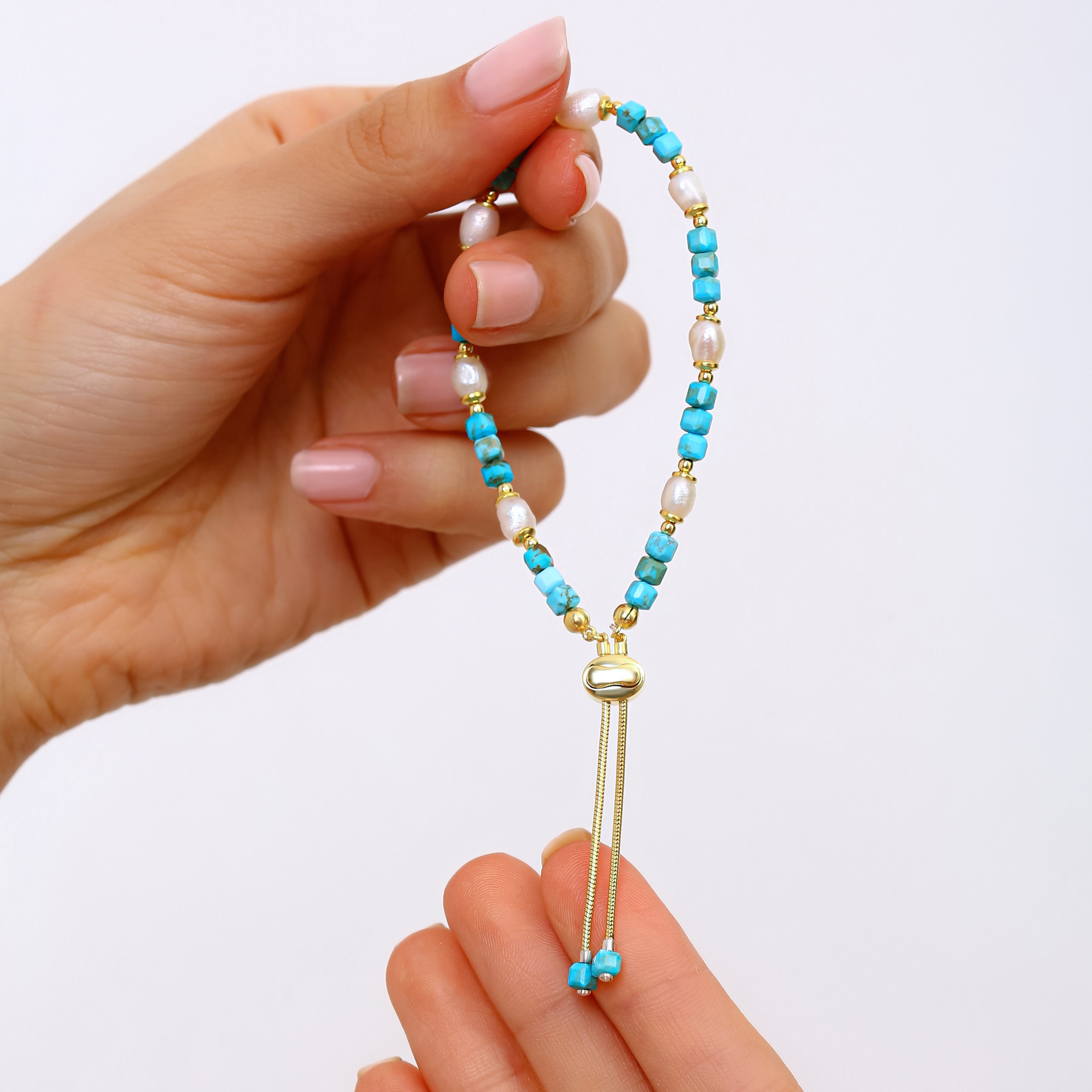 El Yapımı Turkuaz ve İnci Bileklik - 18 Ayar Altın Kaplama 925 Ayar Gümüş