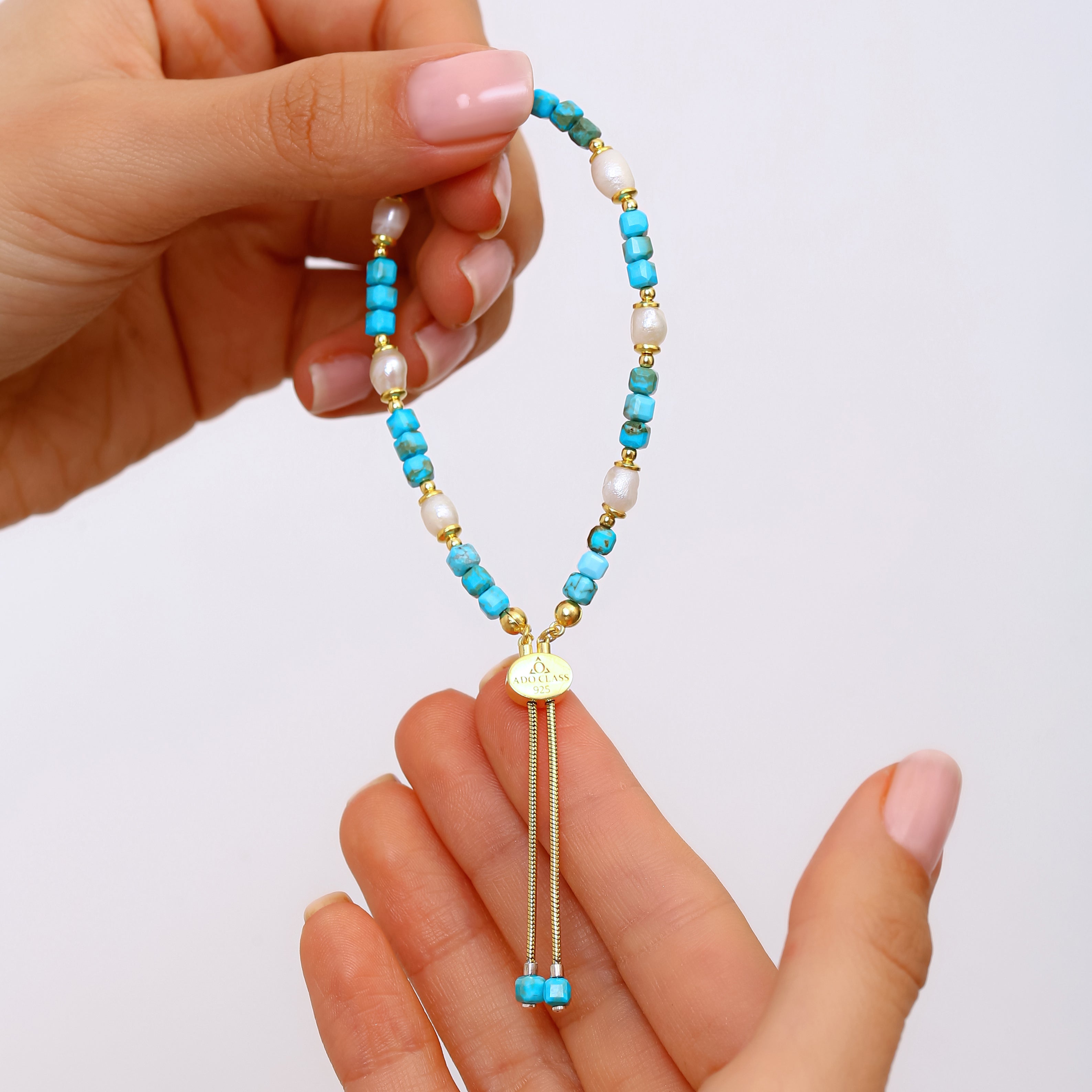 El Yapımı Turkuaz ve İnci Bileklik - 18 Ayar Altın Kaplama 925 Ayar Gümüş