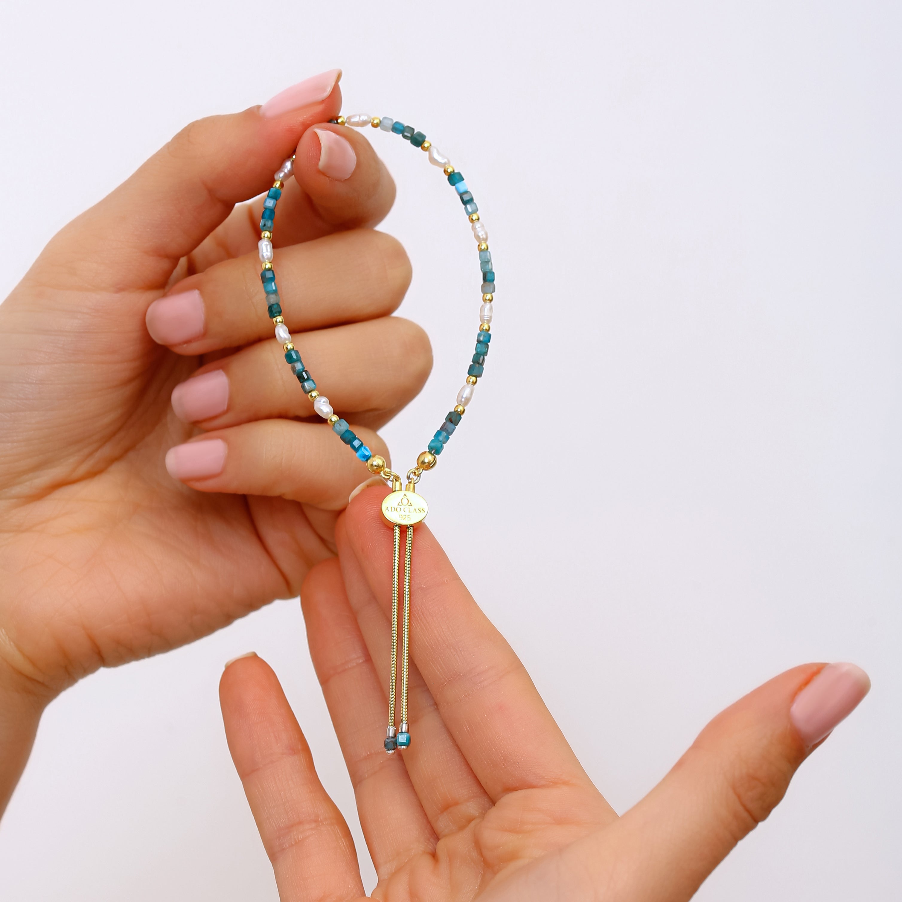 El Yapımı Apatit, Krizokol ve İnci Bileklik - 18 Ayar Altın Kaplama 925 Ayar Gümüş