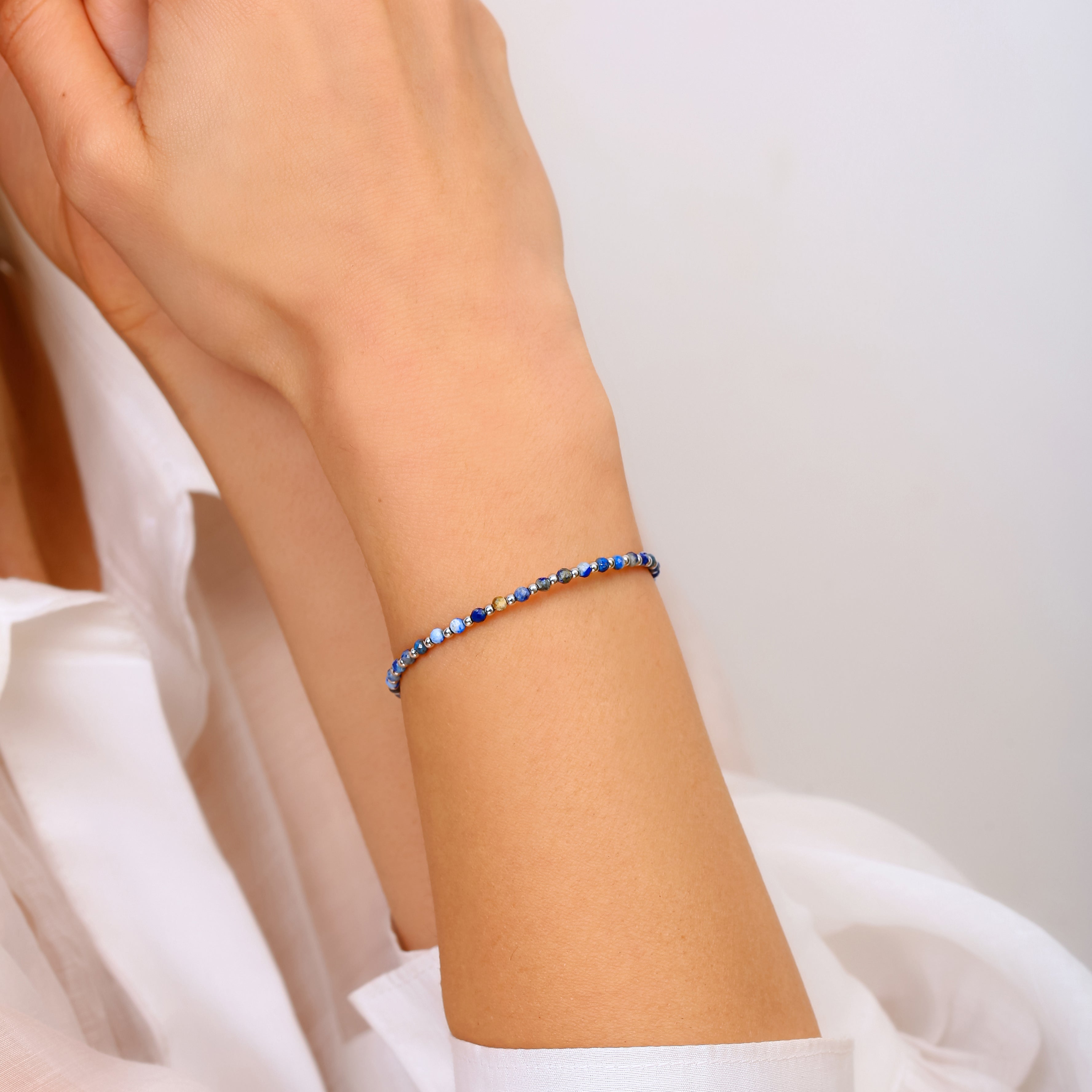 Sodalit ve Lapis Lazuli Detaylı Ayarlanabilir Gümüş Bileklik - Rodyum Kaplama