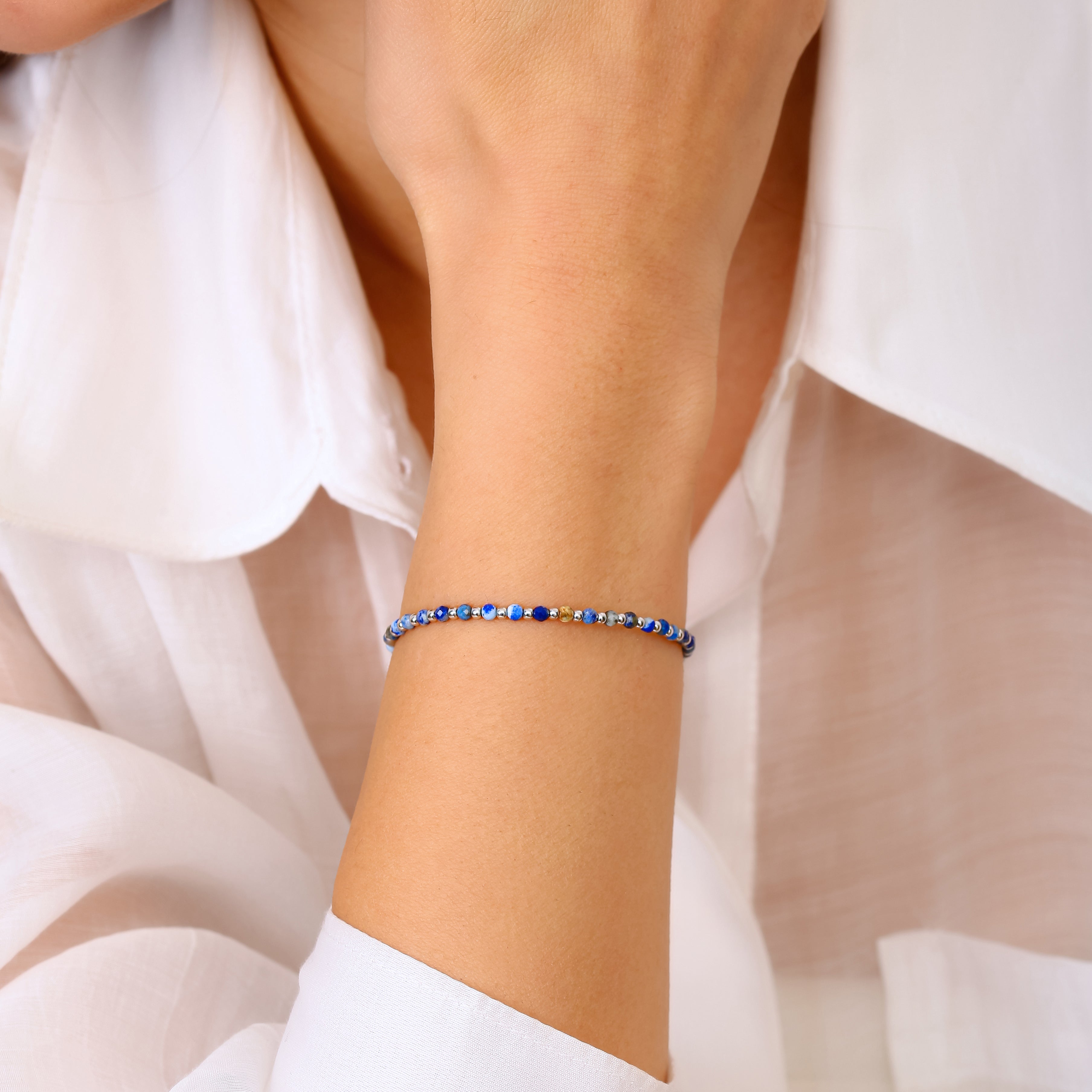 Sodalit ve Lapis Lazuli Detaylı Ayarlanabilir Gümüş Bileklik - Rodyum Kaplama