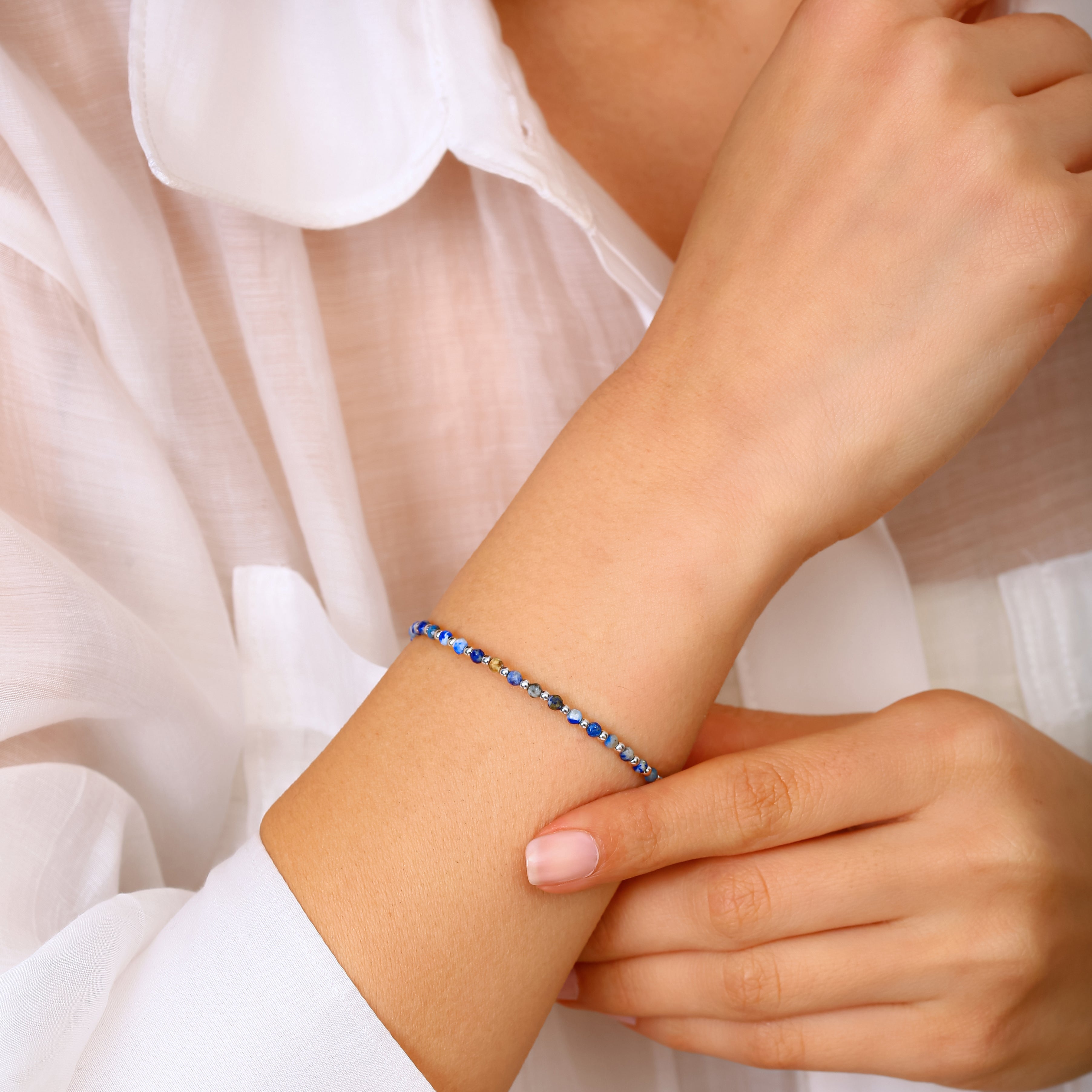 Sodalit ve Lapis Lazuli Detaylı Ayarlanabilir Gümüş Bileklik - Rodyum Kaplama