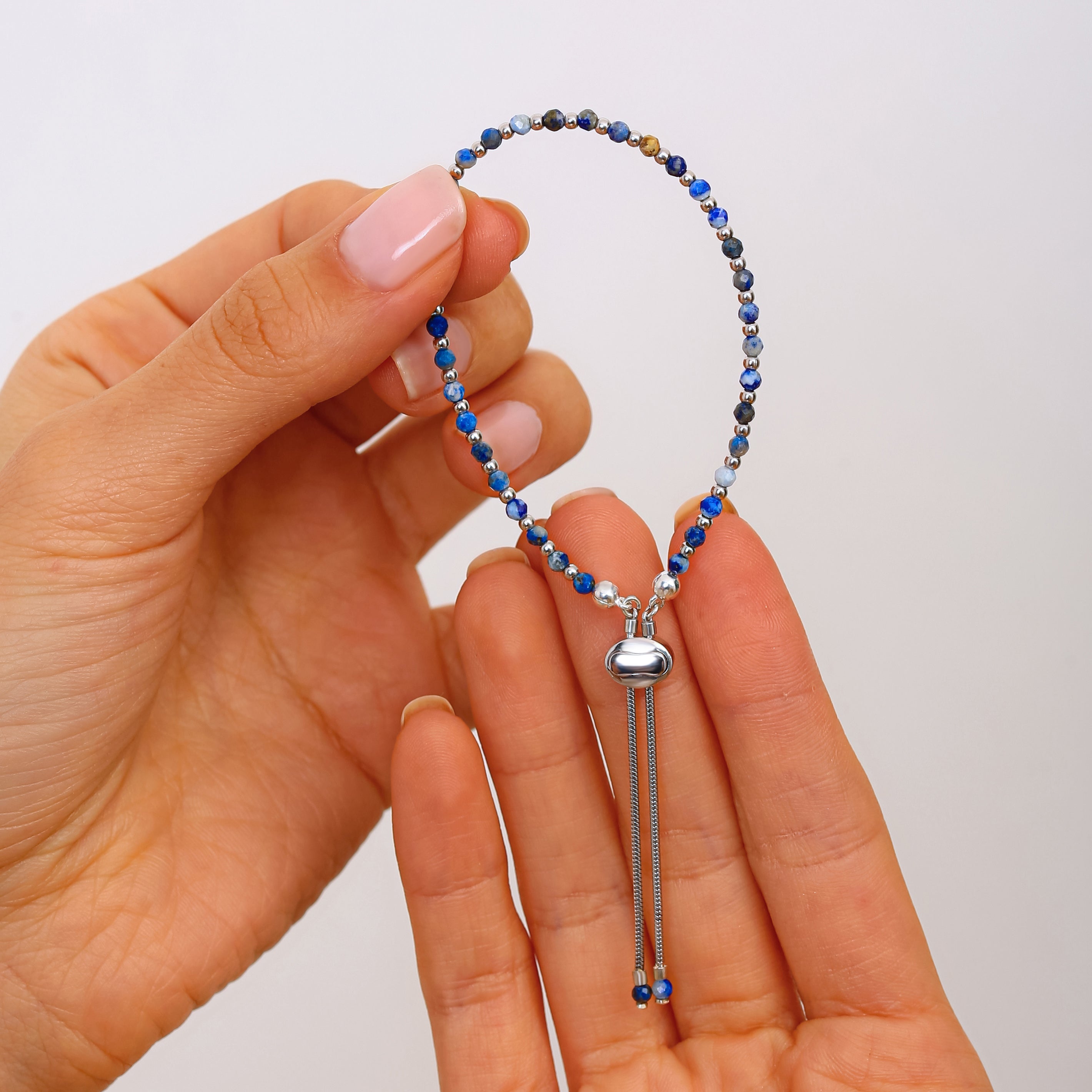 Sodalit ve Lapis Lazuli Detaylı Ayarlanabilir Gümüş Bileklik - Rodyum Kaplama