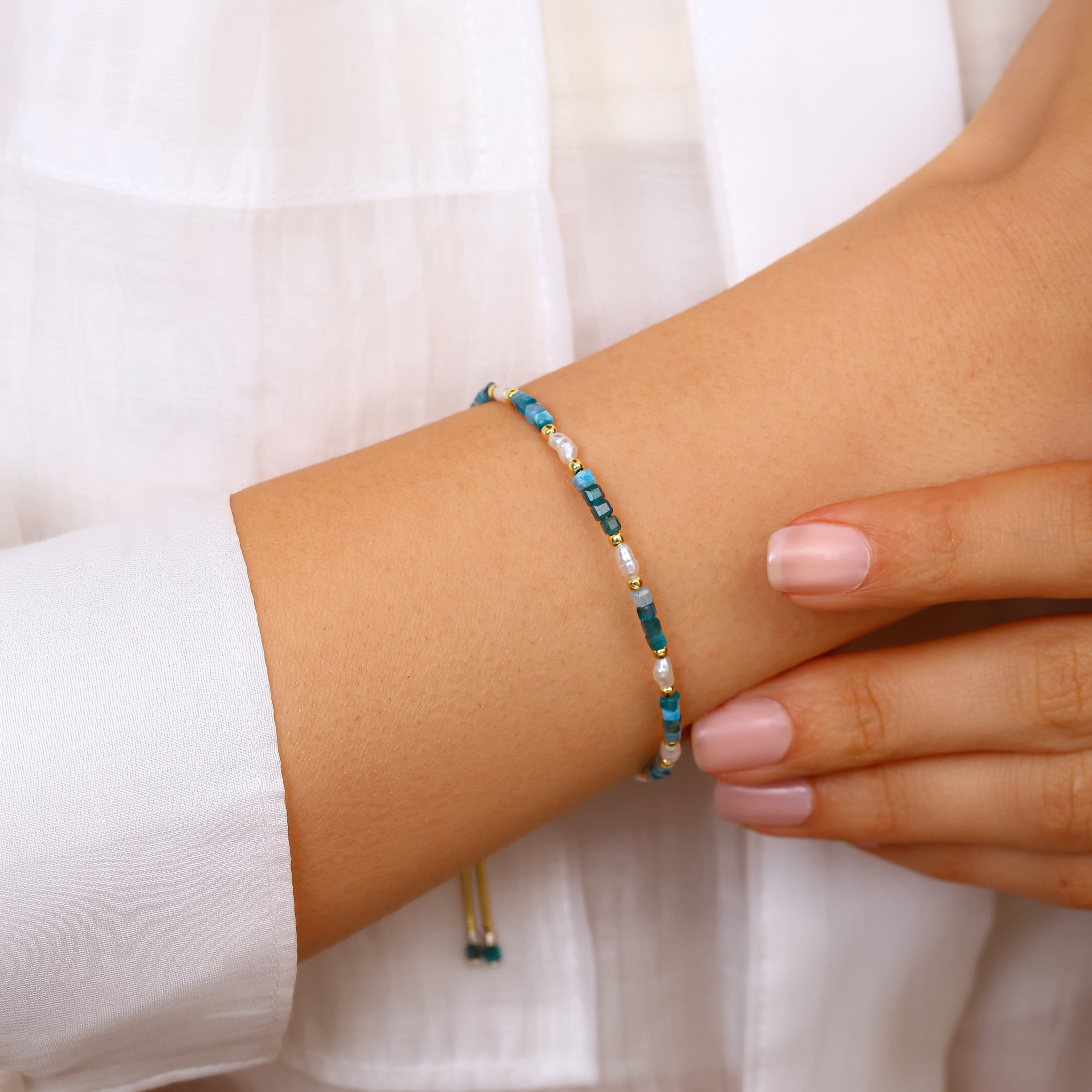 El Yapımı Apatit, Krizokol ve İnci Bileklik - 18 Ayar Altın Kaplama 925 Ayar Gümüş