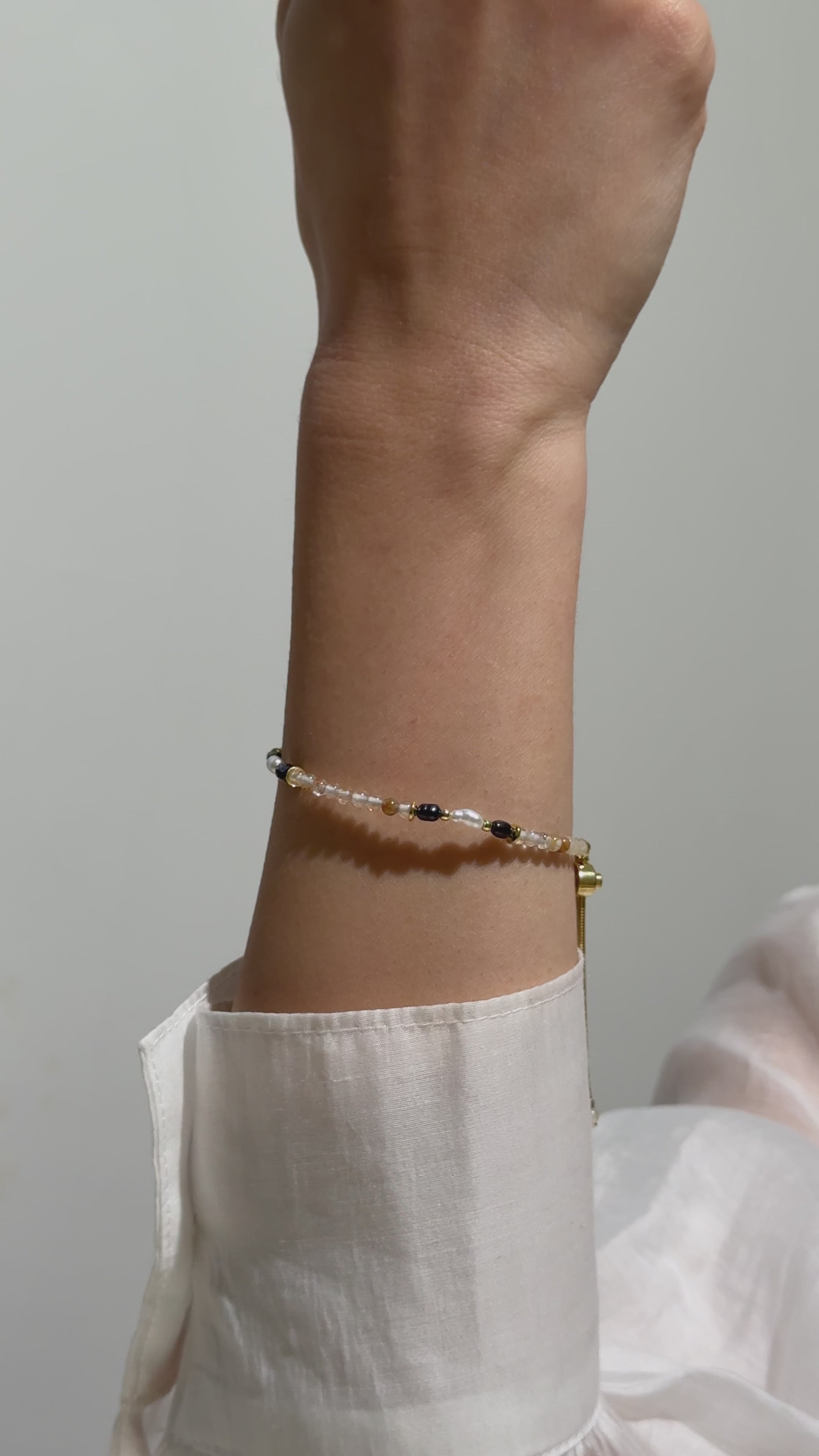 Doğal Sitrin, Kuvars ve İnci Taşlı 18K Altın Kaplama Gümüş Bileklik