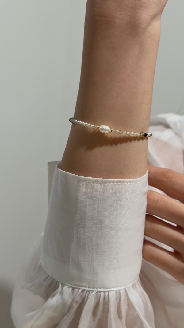 El Yapımı Ay Taşı, Sitrin ve İnci Bileklik - 18 Ayar Altın Kaplama 925 Ayar Gümüş