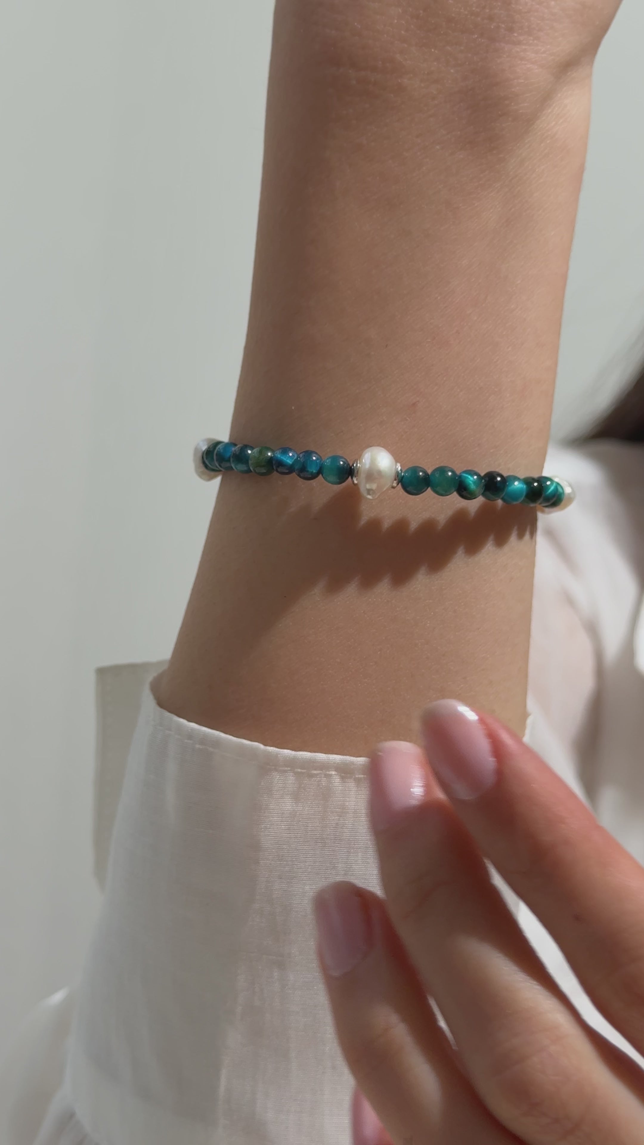 925 Ayar Gümüş Mavi Kaplan Gözü ve Barok İnci Bileklik - Ayarlanabilir Unisex Tasarım