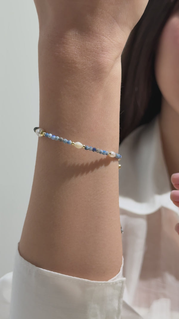 Sodalit ve İnci Detaylı El Yapımı Gümüş Bileklik - 18K Gold Vermeil Tasarım